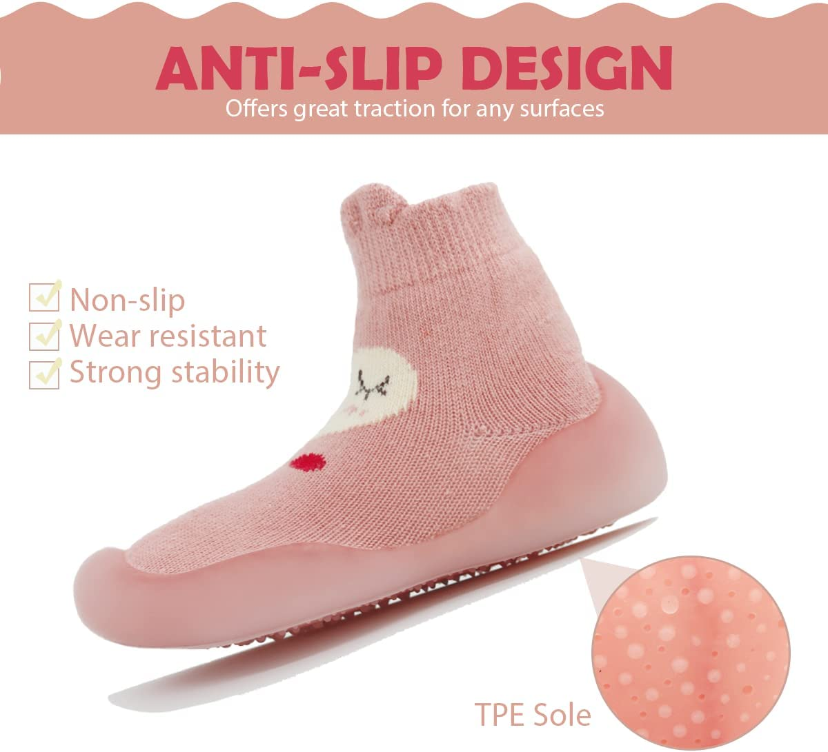 Anti-Slip Baby Toddler First Walking Sock Shoes, [Cute Animal] Cotton Lightweight Slip-On Shoes with Soft Rubber Sole Unisex Non-Skid Indoor Outdoor Floor Slipper Breathable Kid Girls Boys Socks Boots image number 3