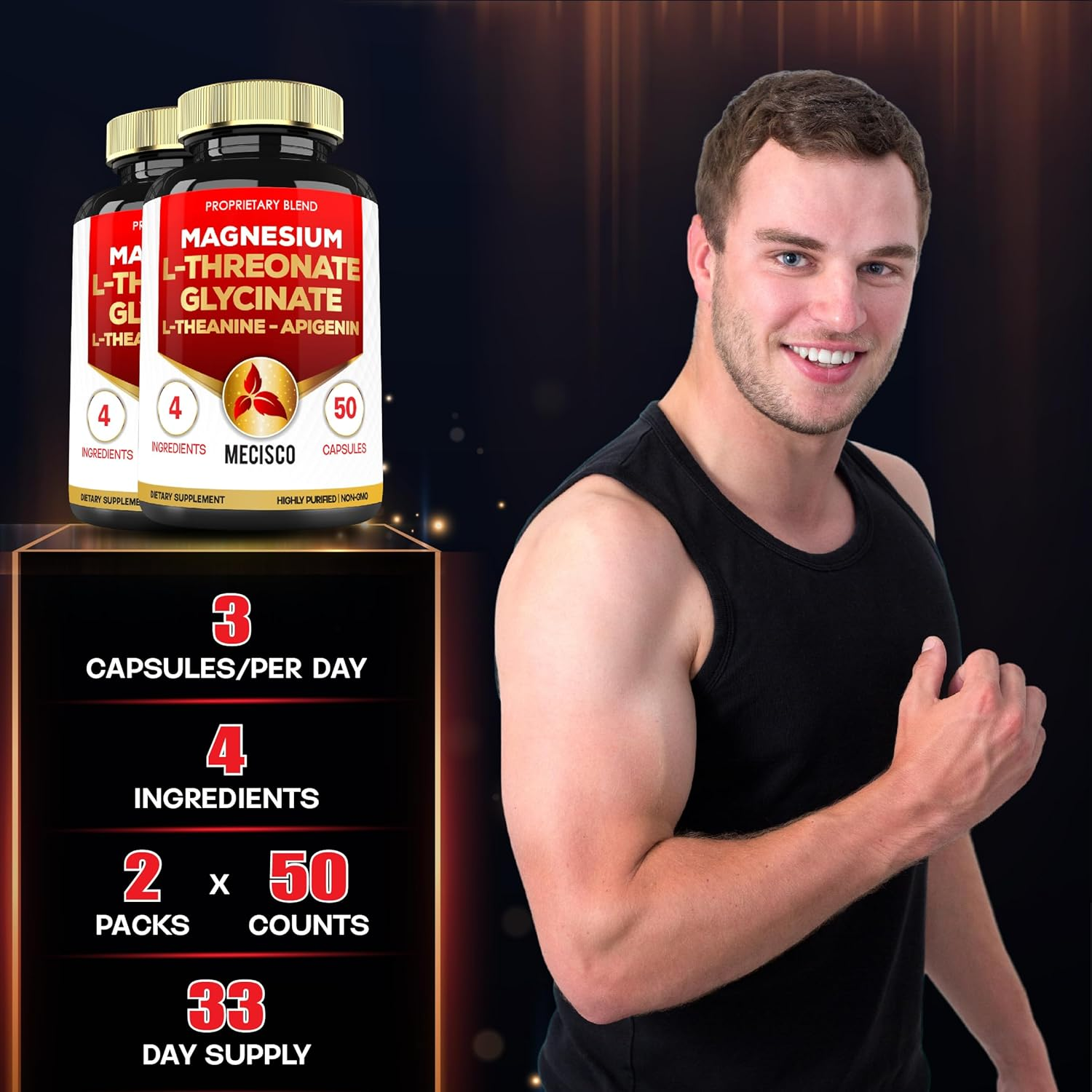 2 Packs 50 Capsules - 2000Mg Magnesium L Threonate Supplement Capsules with Magnesium Glycinate, L-Theanine, Apigenin - Support Immune System & Overall Health image number 5