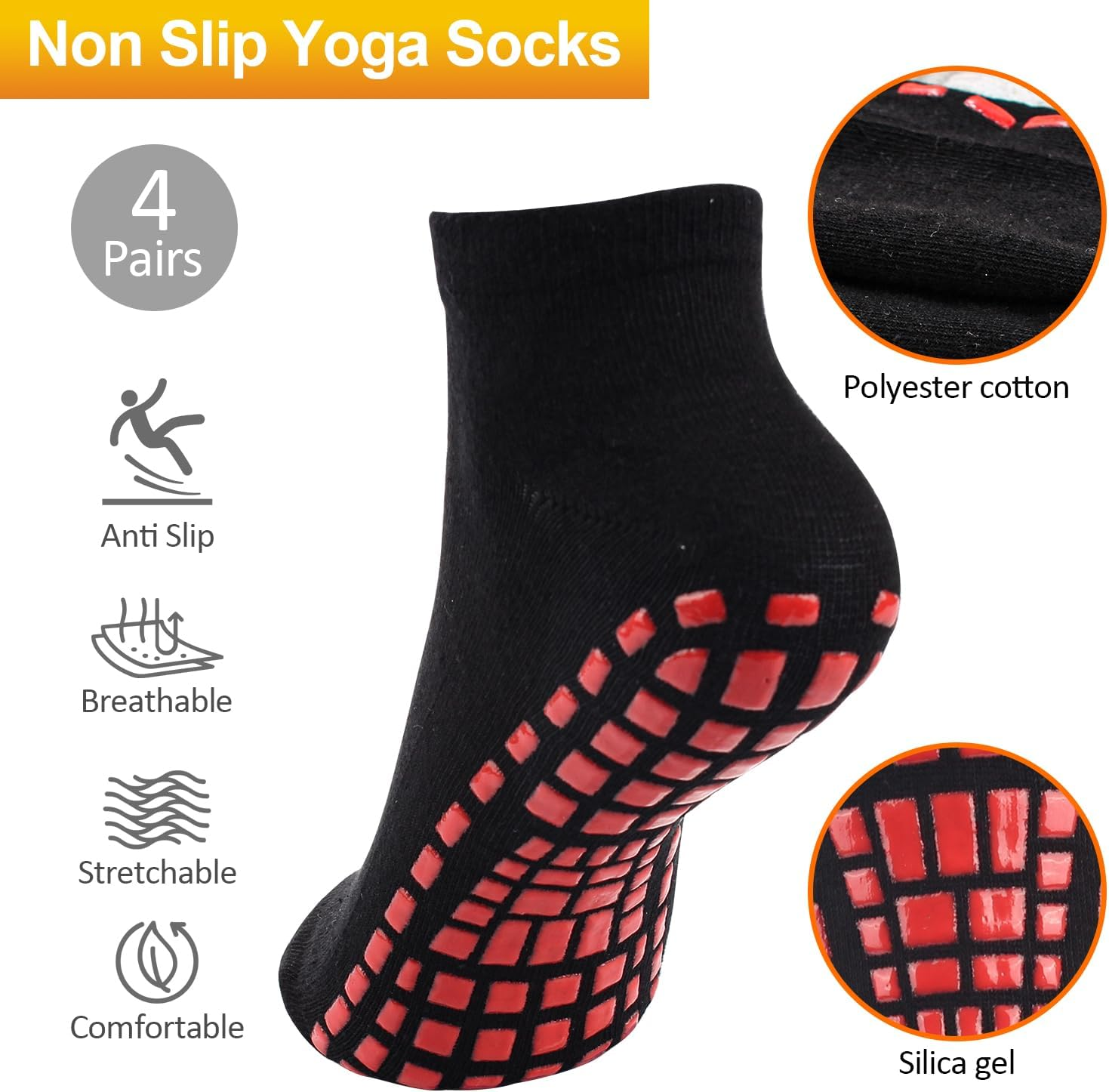 4 Pairs Unisex Non Slip Yoga Pilates Grip Socks Women,Full Toe Ankle Grip Socks for Pilates, Pure Barre, Ballet, Dance, Barefoot Workout image number 6