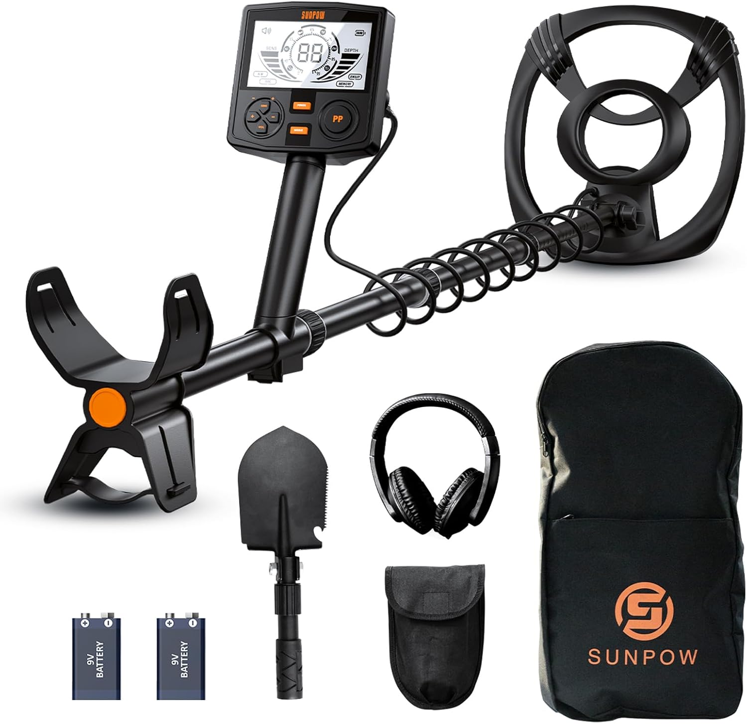 SUNPOW Metal Detector for Adults Professional - High Accuracy with 12" Waterproof Coil, 2X Backlit LCD Display, Advanced DSP Chip, 5 Modes, Adjustable Length (19"-59"), Sturdy Spiral Structure -OTMD14 image number 1
