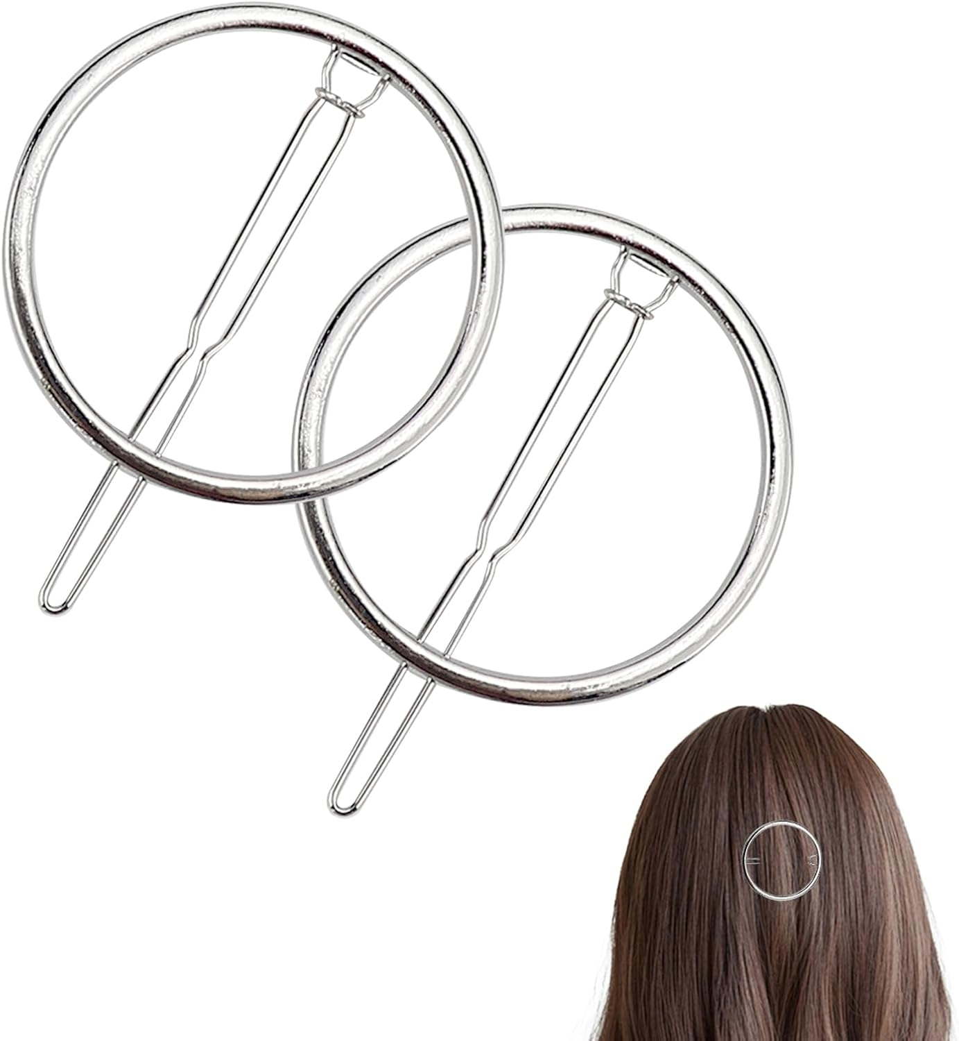 FERCAISH Set of 2 Circle Hair Clips, Silver Round, Minimalist Hairpin, Rust Protection Alloy Hair Pin for Gilrs and Women Hair Accessories
