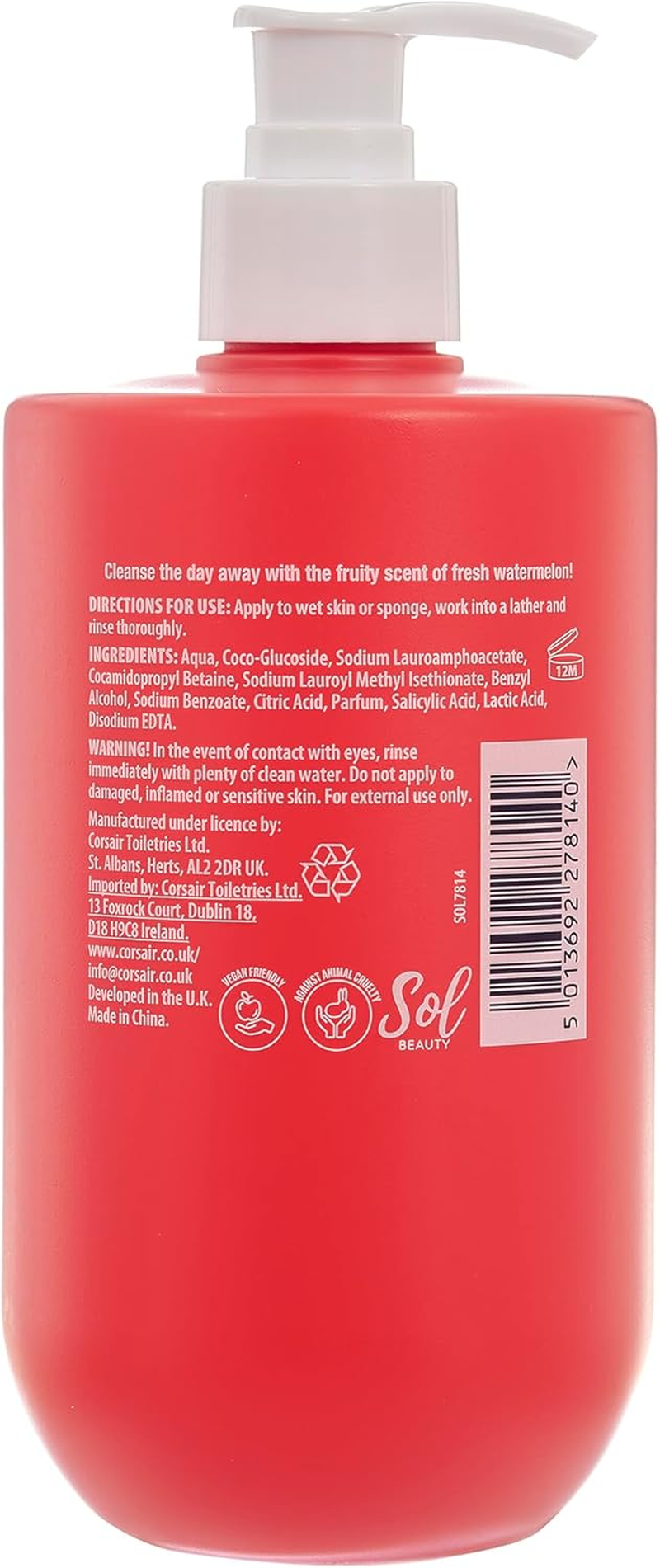 Sol Beauty Shower Cream Watermelon Scent, Renewing and Smoothing Vegan Friendly and Cruelty Free Shower Gel 2 X 500Ml