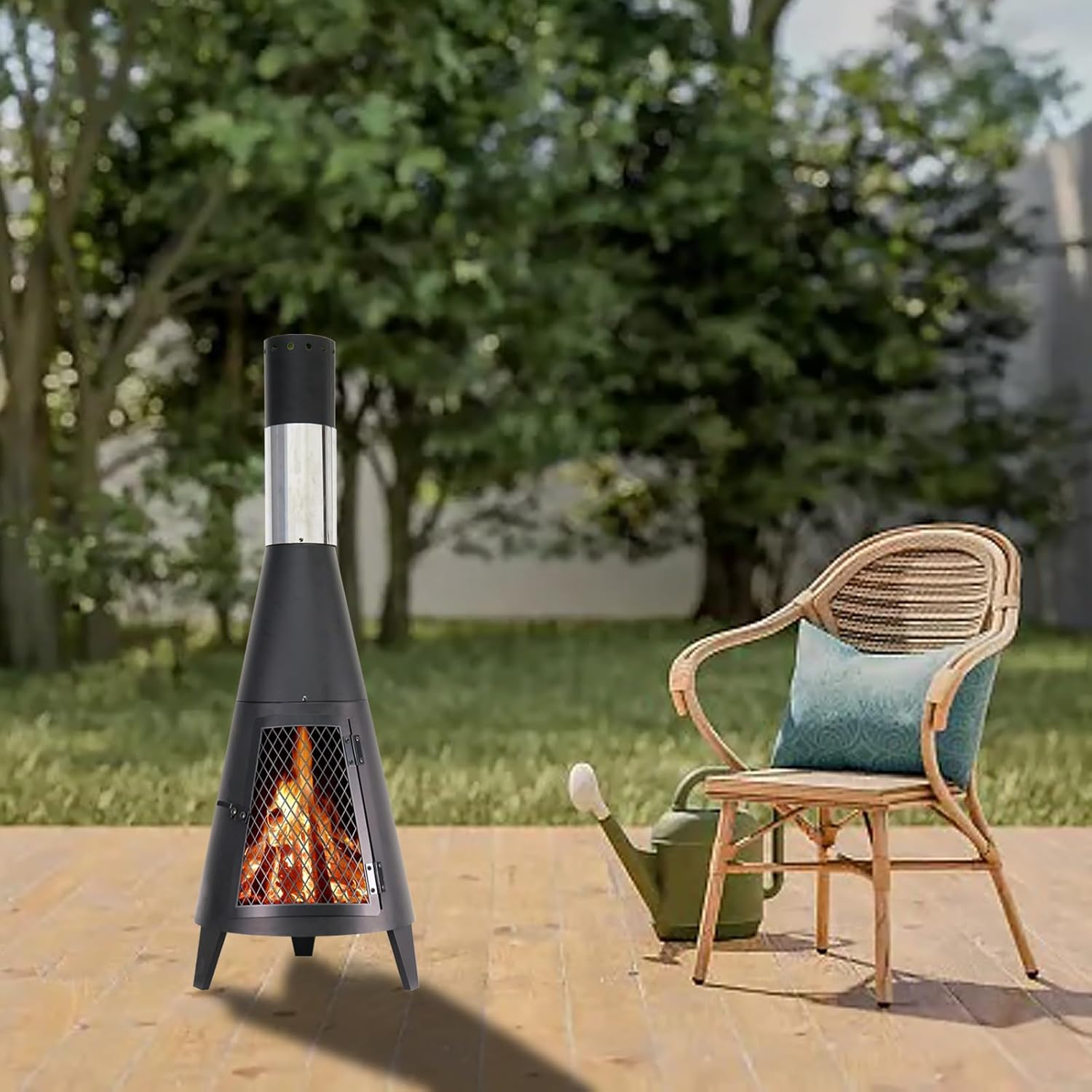 BDL Chiminea Outdoor Fireplace Outdoor Wood Burning Fire Pit Free Standing Fireplace with Log Grate, Mesh Screen for Patio, Backyard, Garden-Black image number 3
