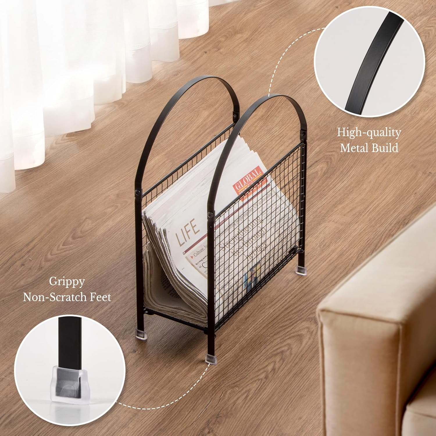 PUERSI Freestanding Magazine Rack &ndash; Modern Touch Handbag Design, Magazine Organizer Metal Holder for Newspaper, Books, Vinyl Record (Black) image number 3