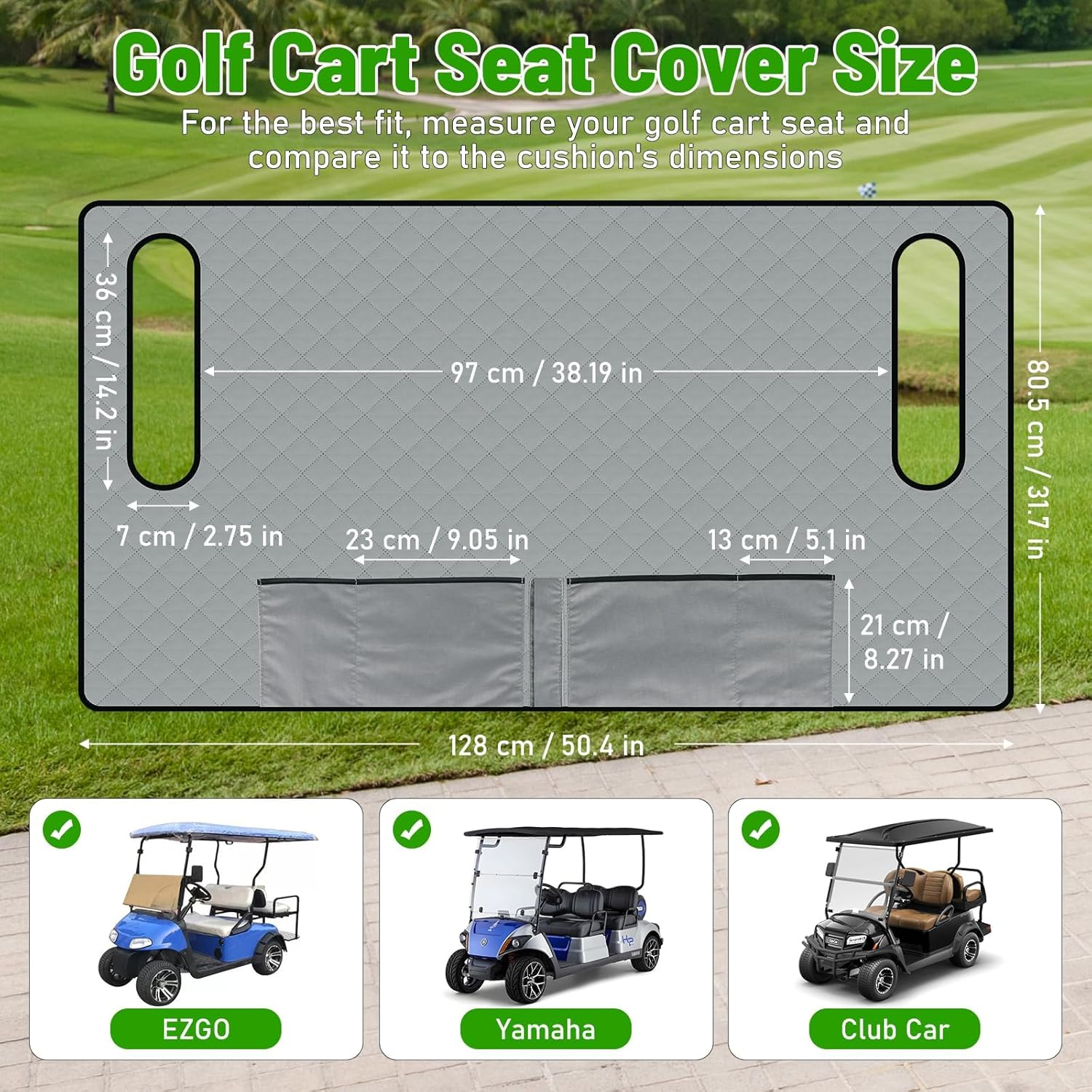 Universal Golf Cart Seat Covers with 4 Pockets, 128X80Cm Waterproof Seat Protector with Non-Slip Bottom for EZGO Yamaha Club Car, 2-Person Golf Cart Accessories with Storage Pockets image number 3
