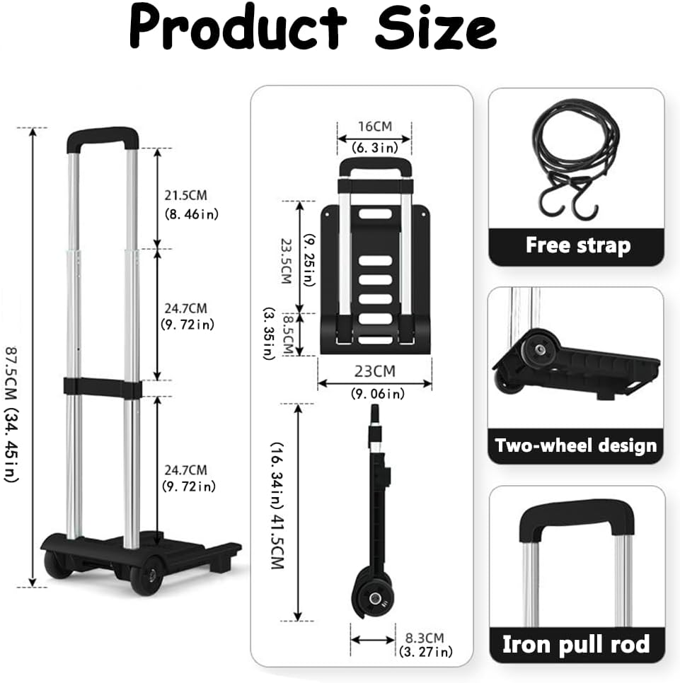 Portable 2-Wheel Luggage Cart,Compact Foldable Hand Truck Dolly for Airport Travel Moving and Shopping image number 4