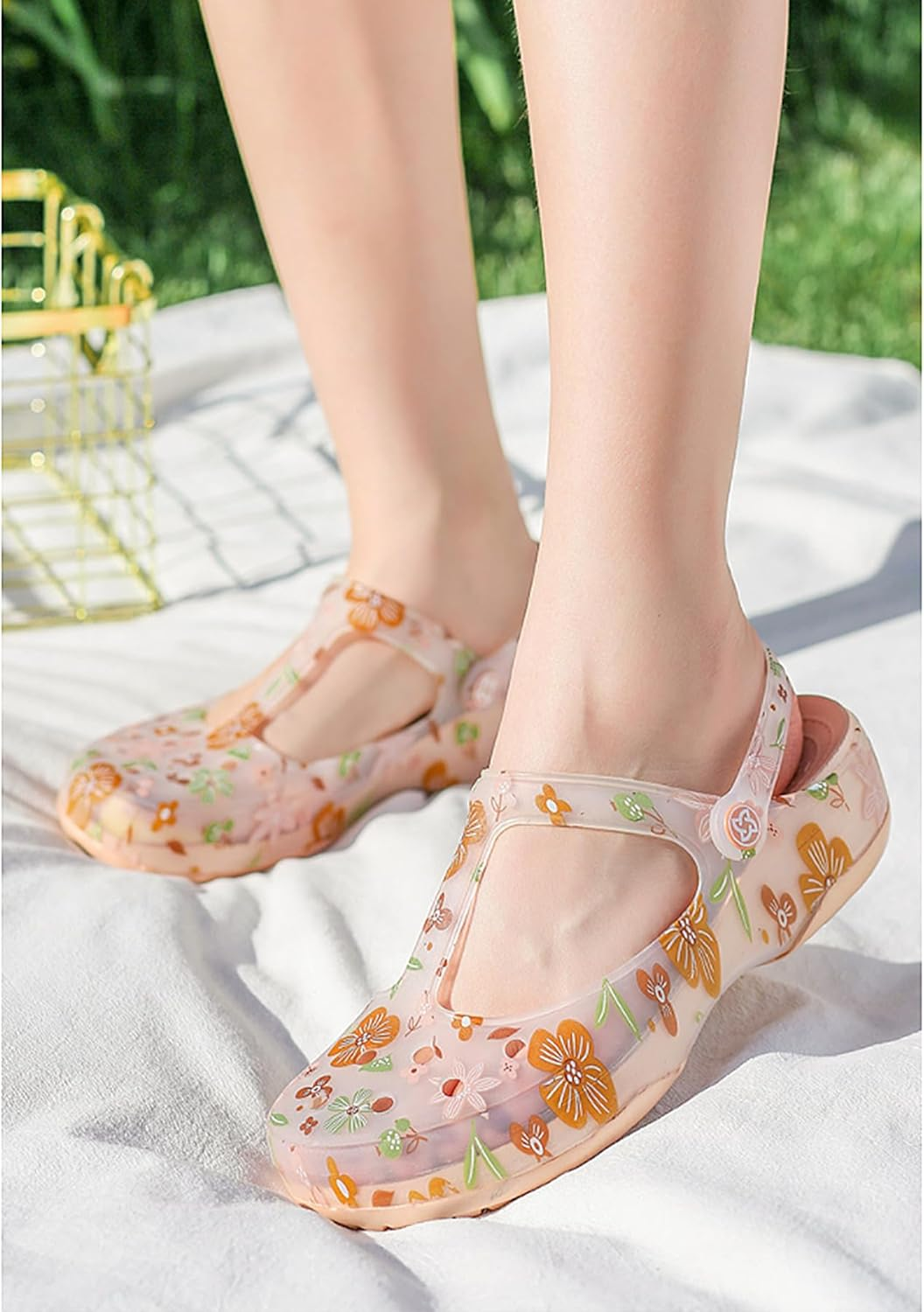 KELMALL Non Slip Clogs for Women, Classic Slip on Platform Nursing Garden Mules & Clogs Comfort Lightweight, Gold Flower Bloom, 8 image number 5