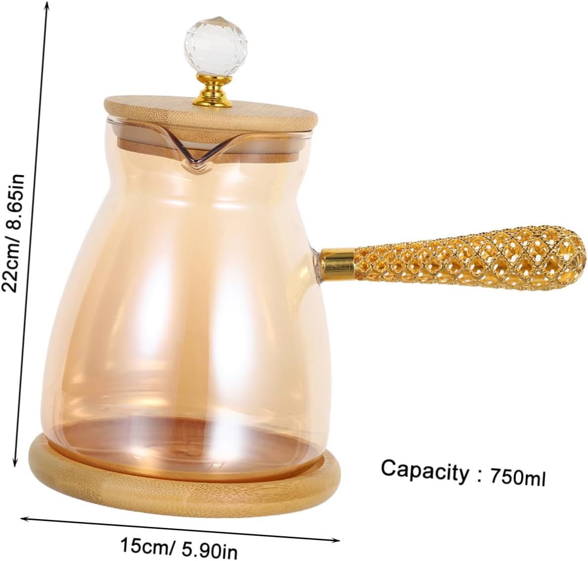 HOLIDYOYO Turkish Coffee Pot Glass Teapot with Long Heat-Resistant Handle for Manual Brewing Stovetop Espresso Maker and Loose Leaf Tea Elegant Gold Finish for Home and Office Use image number 1