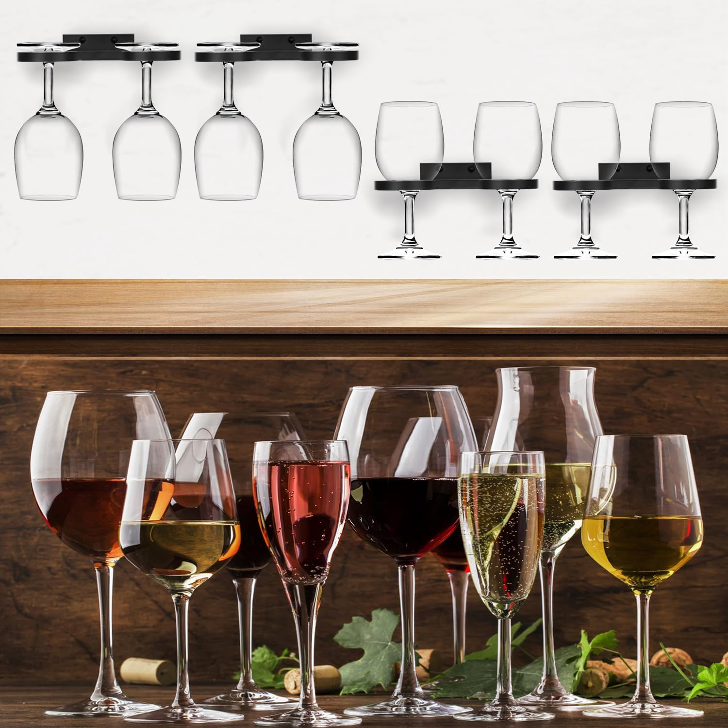 PEUTIER 4Pcs Wall Mounted Wine Glass Rack, 6.69X3.82 Inch Wine Glass Holder Metal Wine Glass Hangers Wine Glass Rack under Shelf Cabinet Stemware Storage Organizer for Kitchen Bar image number 2