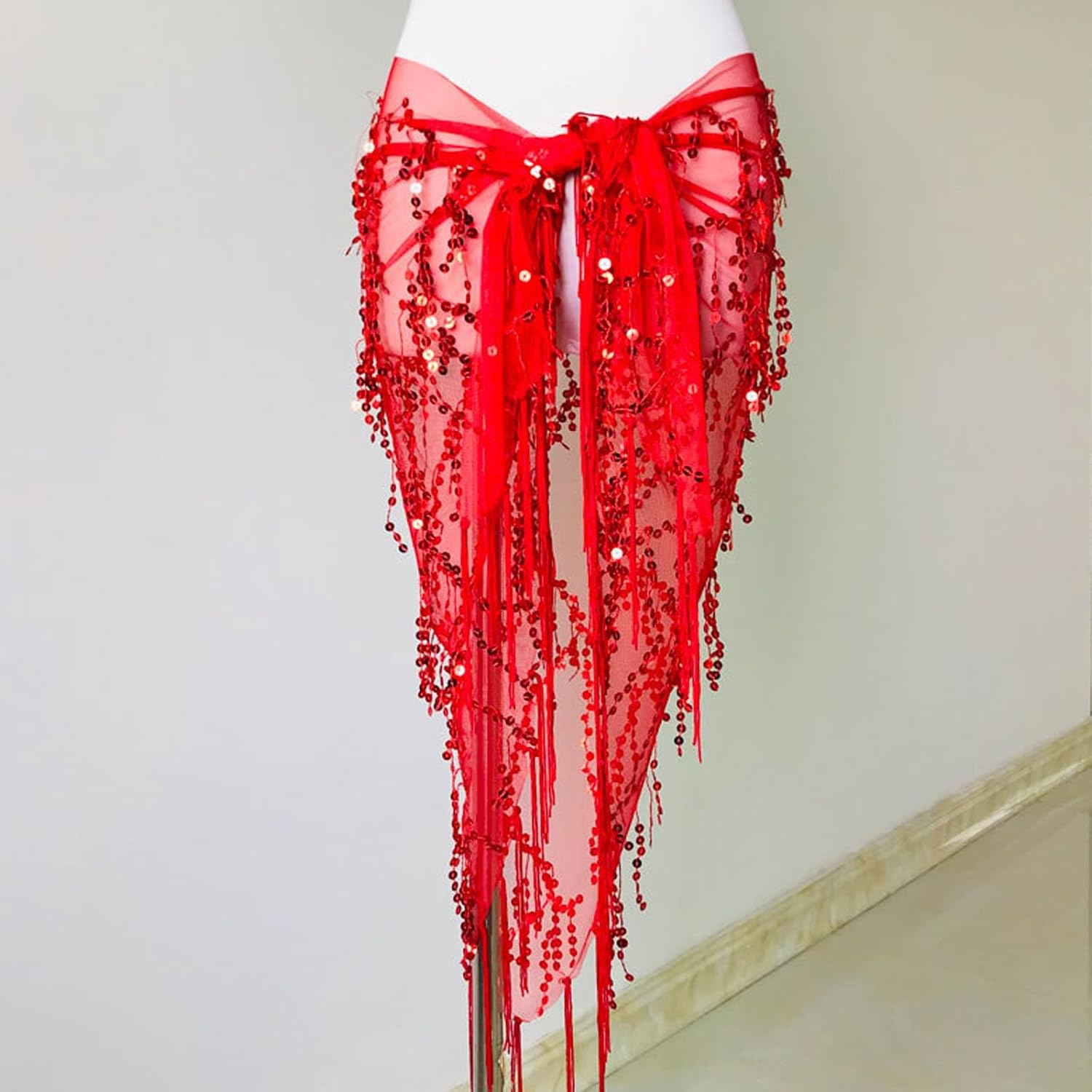 Belly Dance Sequin Triangle Hip Scarf Fringe Belt Wrap Skirt Party Costume for Women - Red image number 2