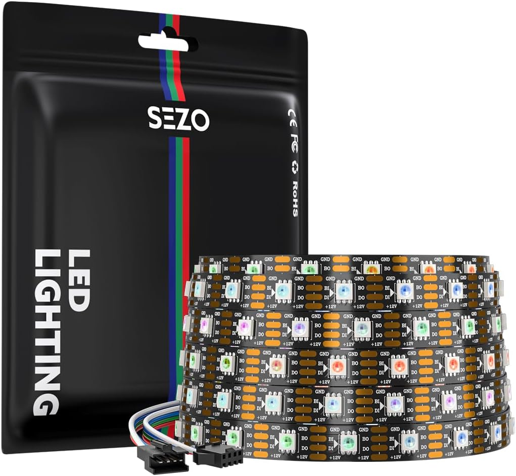 SEZO WS2815 LED Strip Light (Upgraded WS2812B) 5M 60Leds/M Dream Colour Individually Addressable RGB 5050SMD Dual Signal WS2813 LED Flexible Light Strip IP30 Non-Waterproof DC12V Black PCB