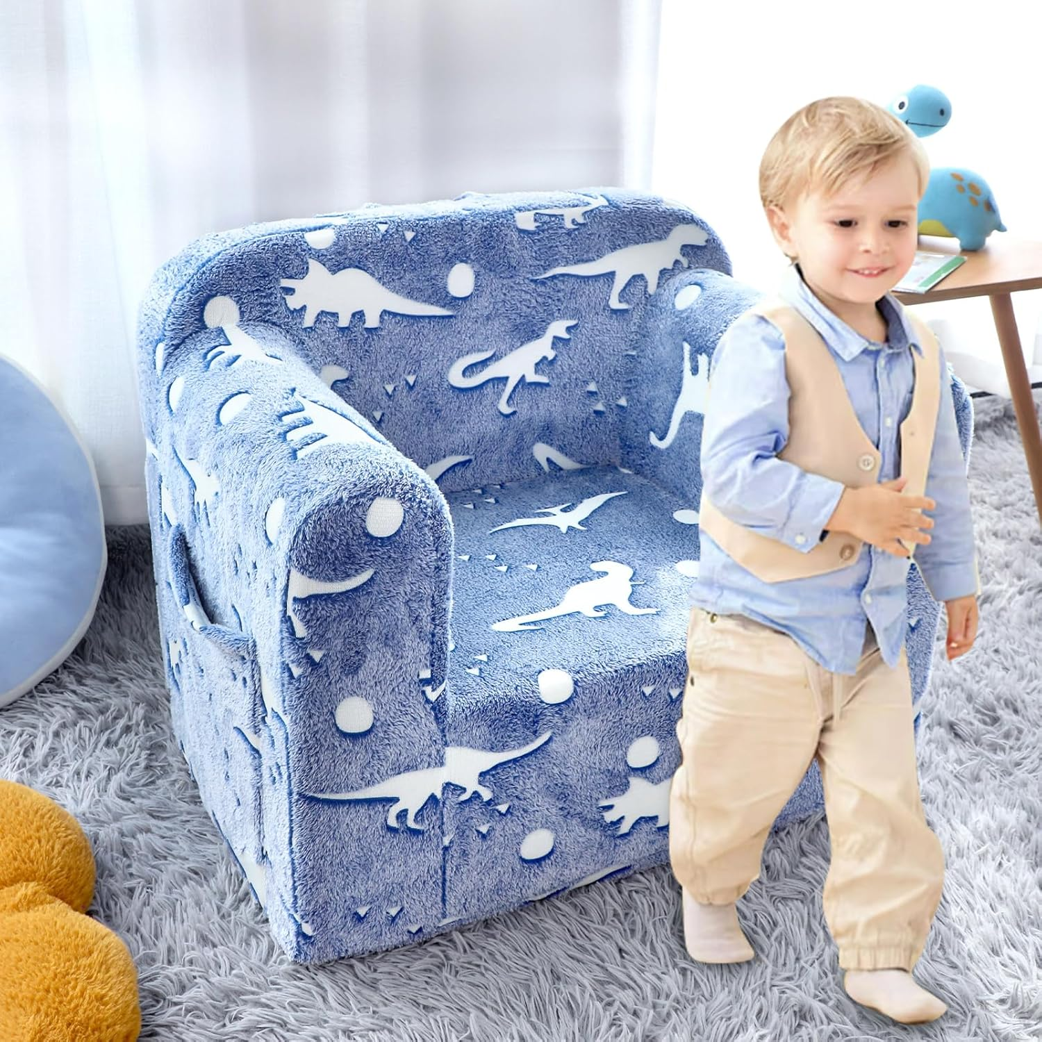 TANOFAR Kids Couch, Toddler Chairs Comfy, Kids Sofa for Boys Ages 1-6, Toddler Foam Couch Glow in the Dark, Soft Comfortable, Cute Dinosaurs image number 5