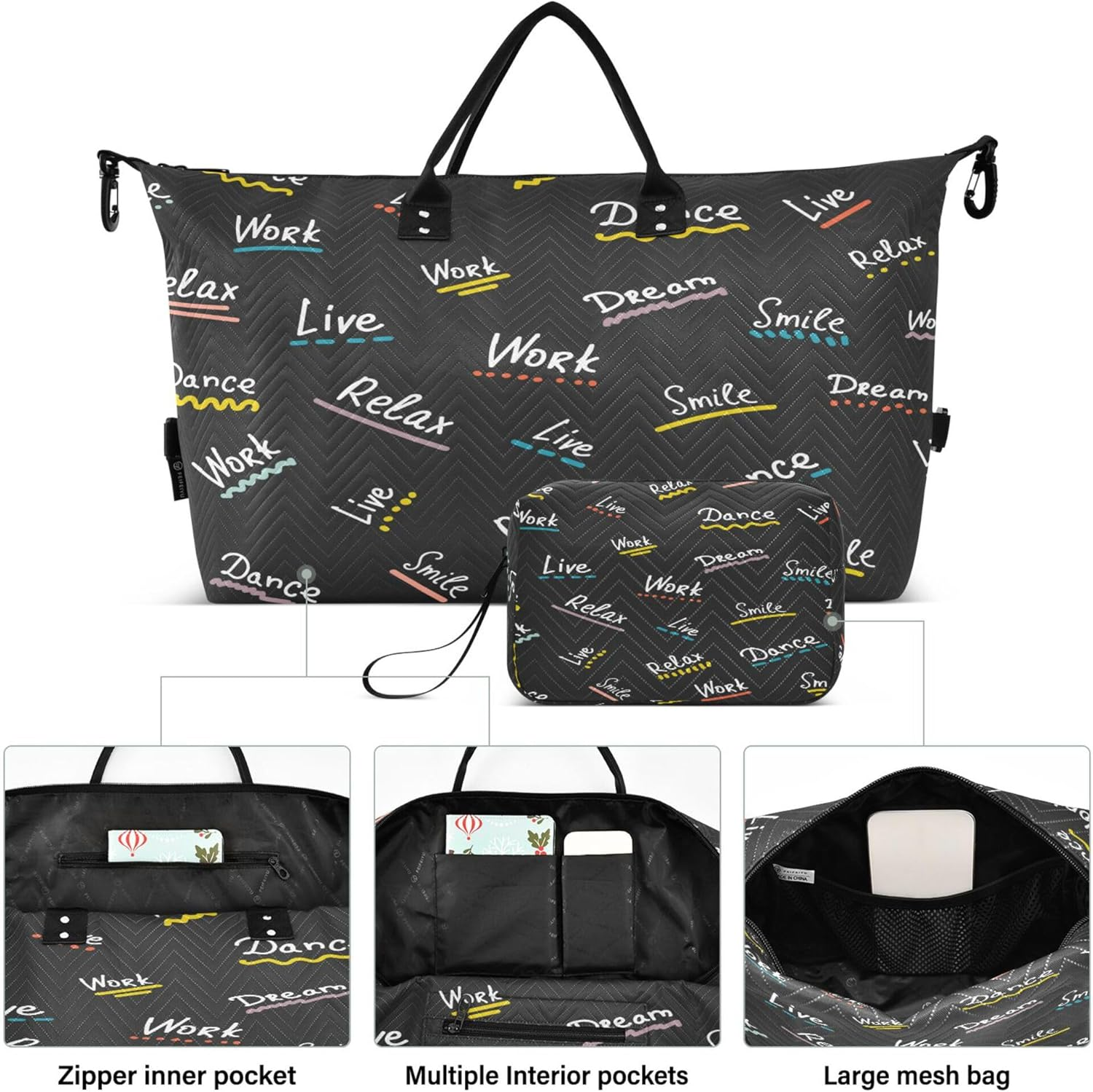 Travel Hand Bag Sports Duffel Bags Travel Overnight Carry on Bag with Adjustable Strap for Gym Waterproof Live Dream Work Relax Dance, Multi, One Size, Modern/Fitted, Multi, One Size, Modern/Fitted image number 2