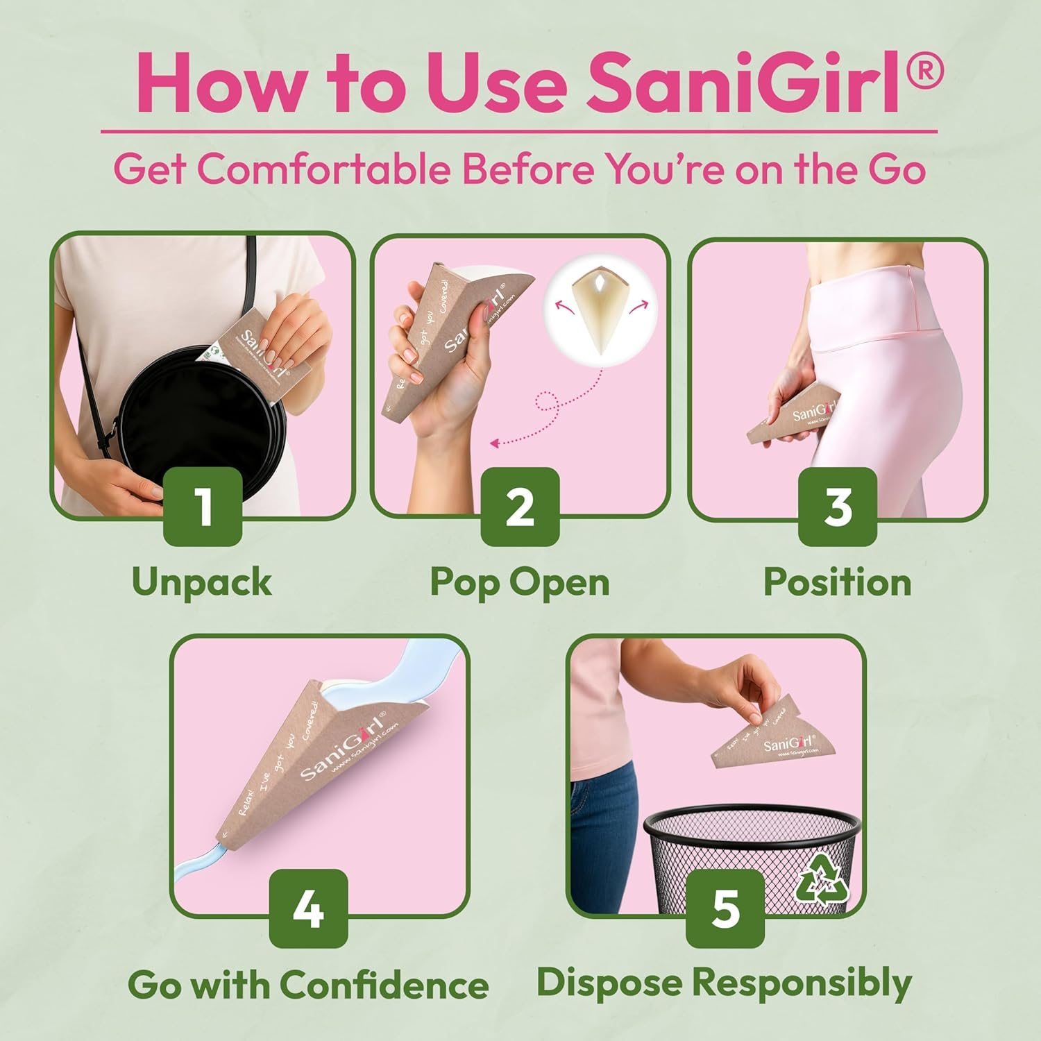 Sanigirl Pee Funnel for Women| Disposable| Female Urinal | Feminine Care | Portable Urination Device | Travel Essentials for Women | Camping Gifts for Women| Porta Potty Solution (50 Count Bulk Pack) image number 6