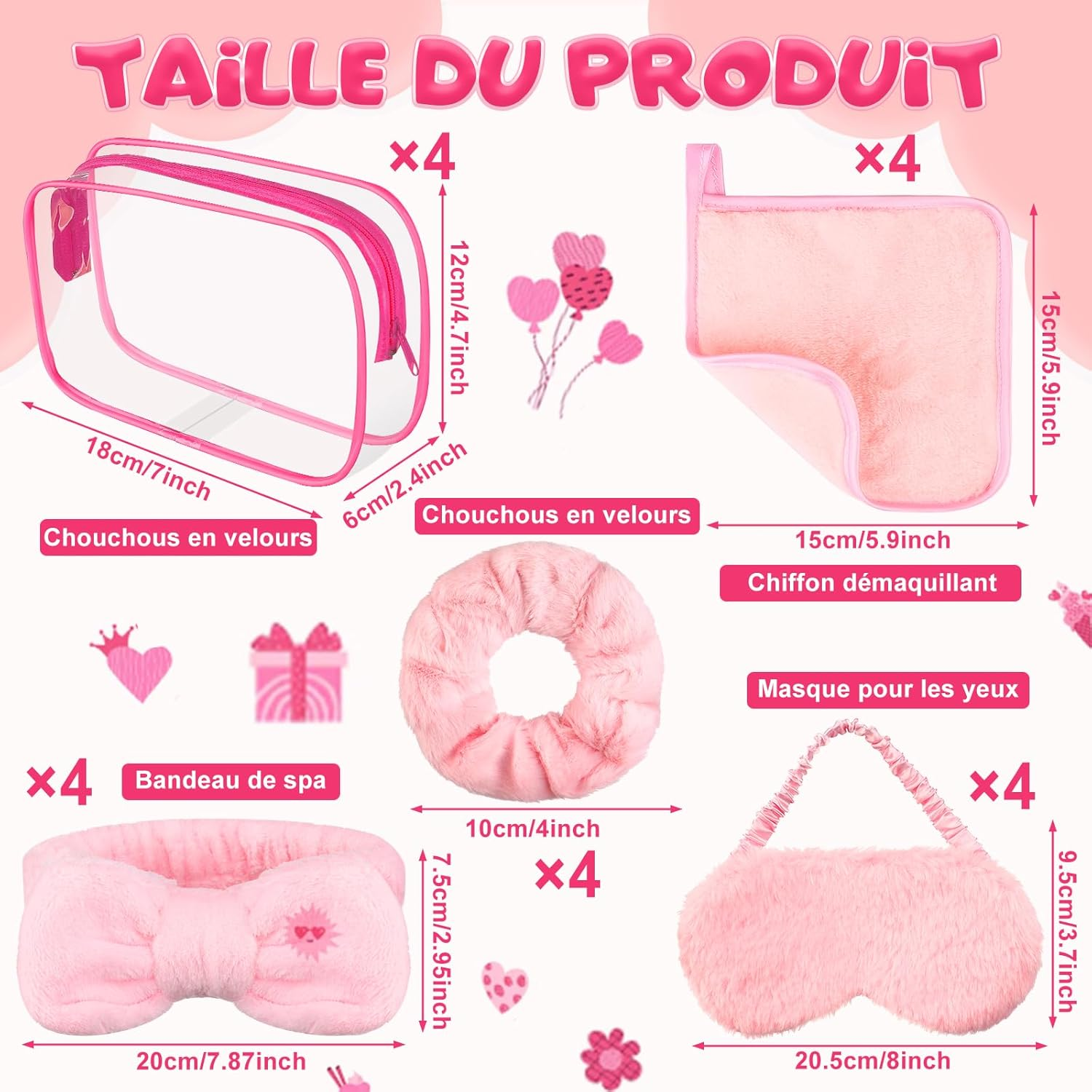 20 X Girls Spa Accessories, 4 X Bow Headbands, 4 X Pink Plush Sleep Masks, 4 X Velvet Hair Ties, 4 X Makeup Remover Wipes, 4 X Clear Makeup Bags image number 4