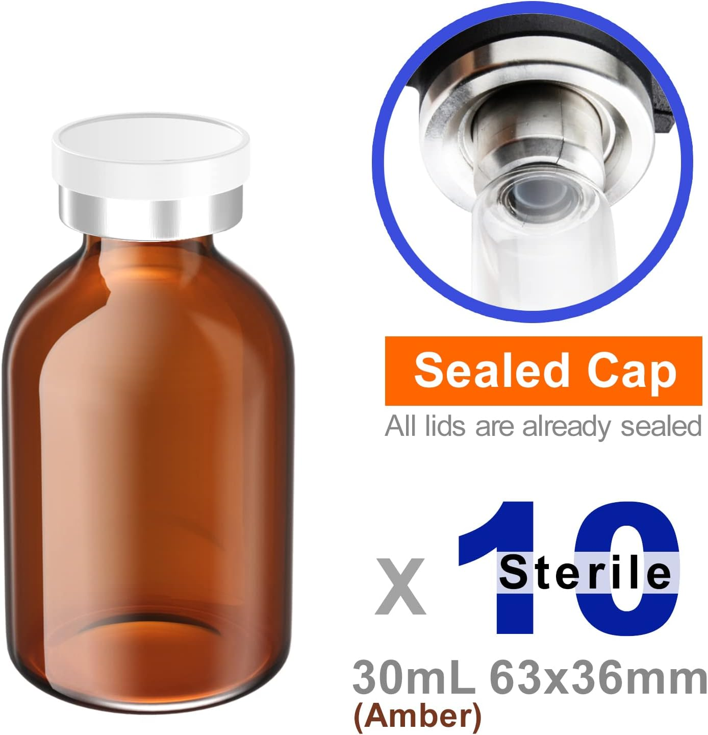 ZHANXUBIO Sterile Empty Vials with Self Healing Injection Port and Aluminum Plastic Cap,Sterile Package (30Ml Amber 10PCS)