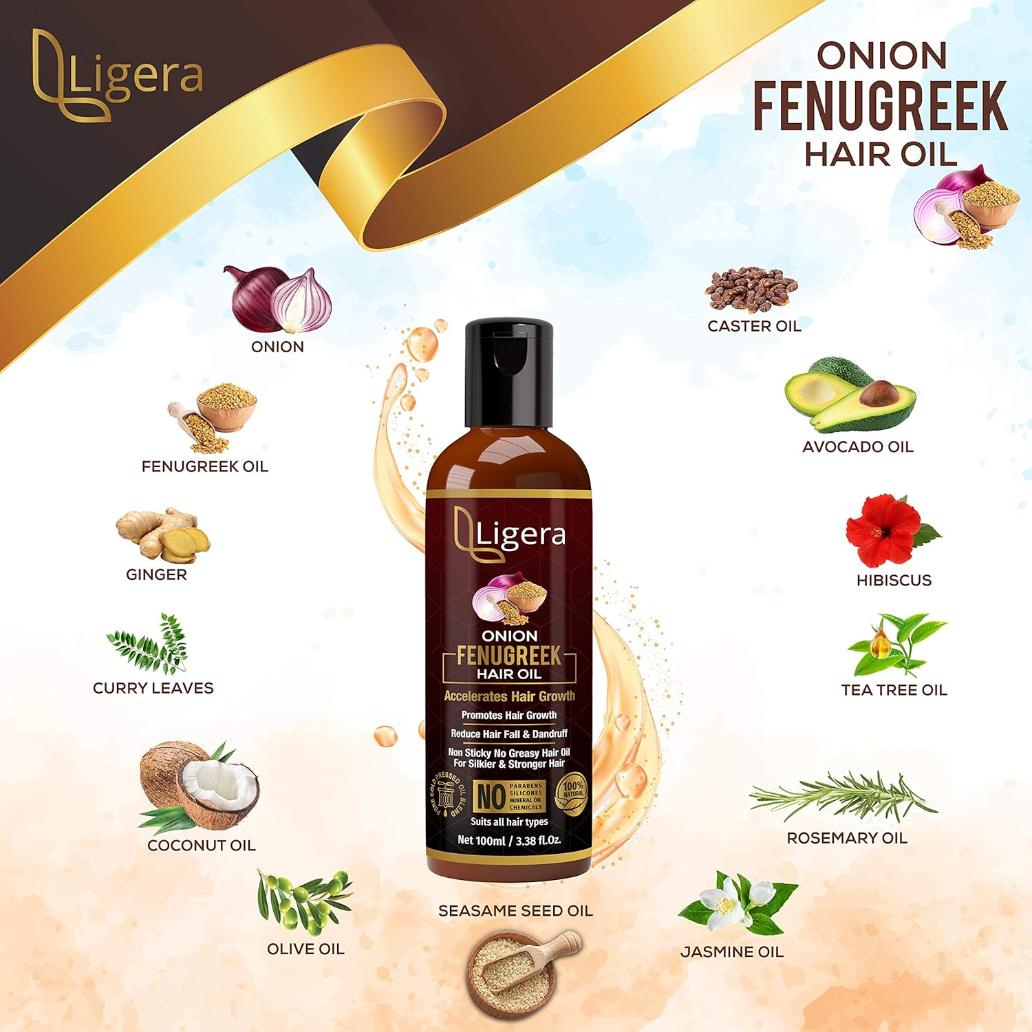 Ligera Onion Fenugreek (Methi) Oil for Hair Growth anti Dandruff | Onion Oil | Fenugreek | No Mineral Oil, Silicones & Synthetic Fragrance (200 Ml) image number 2