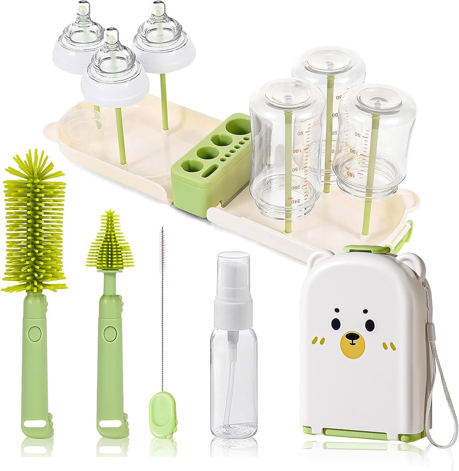 6-In-1 Portable Baby Bottle Brush Set with Case, Bottle Cleaner Kit with Drying Rack, Bottle Brush, Nipple Brush, Straw Brush, Soap Dispenser, Aby Travel Essentials for Mums & Dads (Green) image number 6