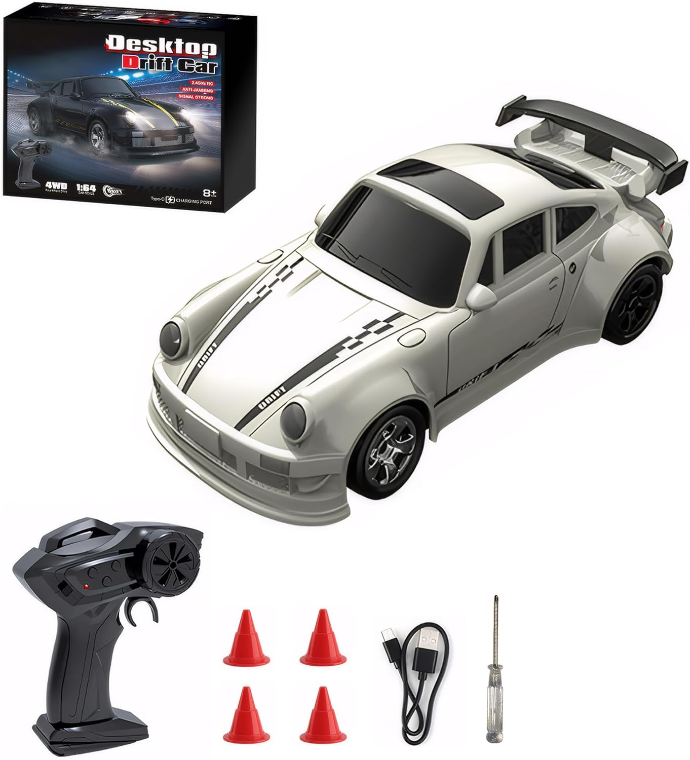 Mini RC Drift Car with Lights, 1:64 4WD 2.4Ghz Full Proportional Remote Control Car for Kids Adults (White) image number 6