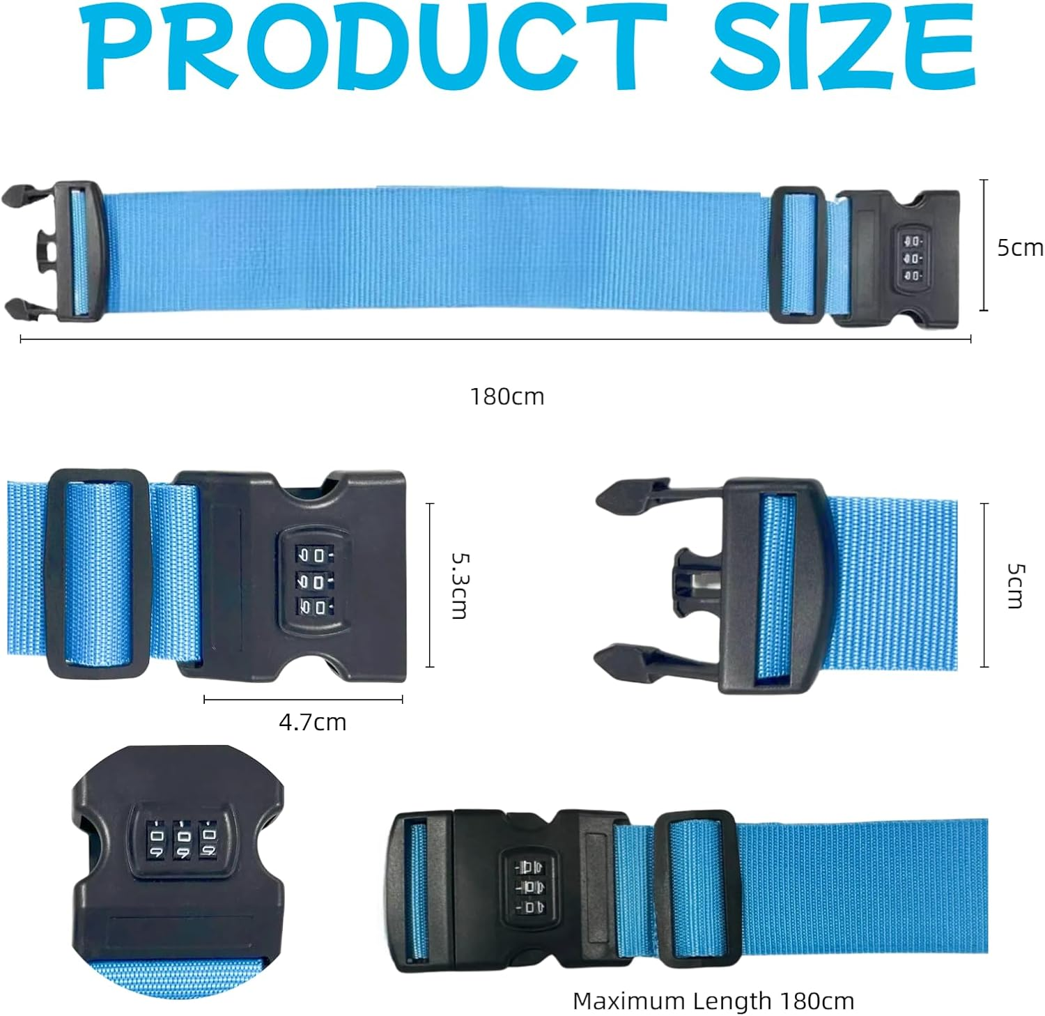 Adjustable Suitcase Strap Strap, Travel Contracts with 1-Piece Suitcase Strap with Combination Lock, 5 X 180 Cm, Safe and Durable Luggage Strap for Identification and Security (Sky Blue) image number 2