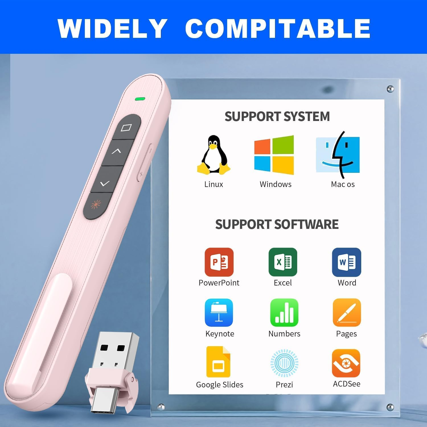 USB Type C Wireless Presenter Remote Presentation Clicker, Volume Control Powerpoint Clicker with Red Pointer Long Range PPT Clicker Slide Advancer for Mac PC Laptop Computer (Pink) image number 2