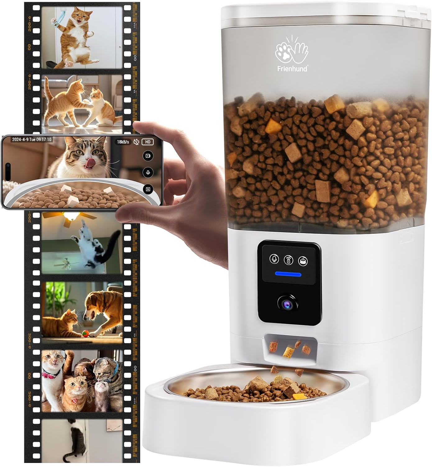 Frienhund Automatic Cat Feeder with Two HD Camera for 2 Cats: 7L Large Automatic Dog Feeder with Night Vision, 5G Wifi Auto Cat Food Dispenser for Multiple Pet, Detachable for Easy Cleaning