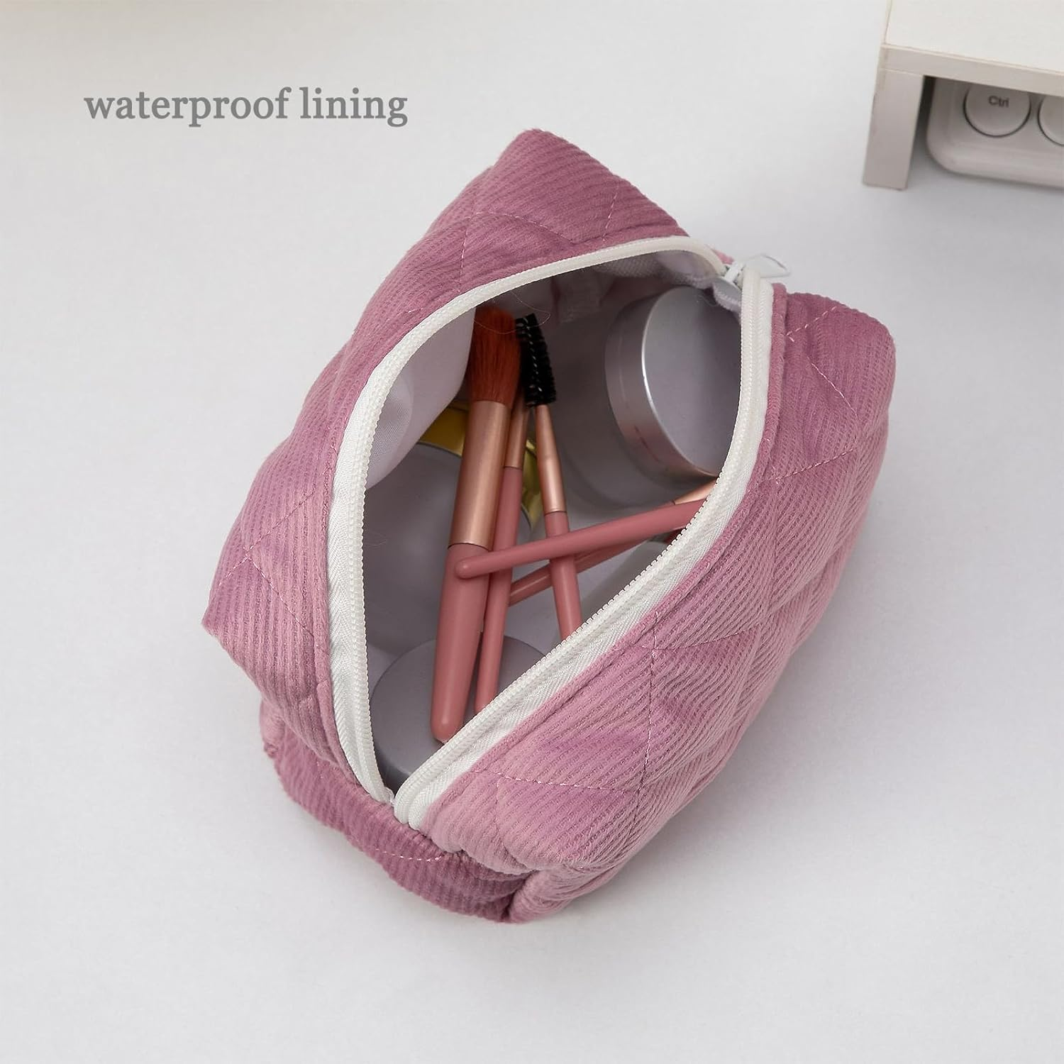 Small Makeup Bag for Purse Corduroy Makeup Bag Travel Makeup Pouch Mini Cosmetic Bag for Women Pink