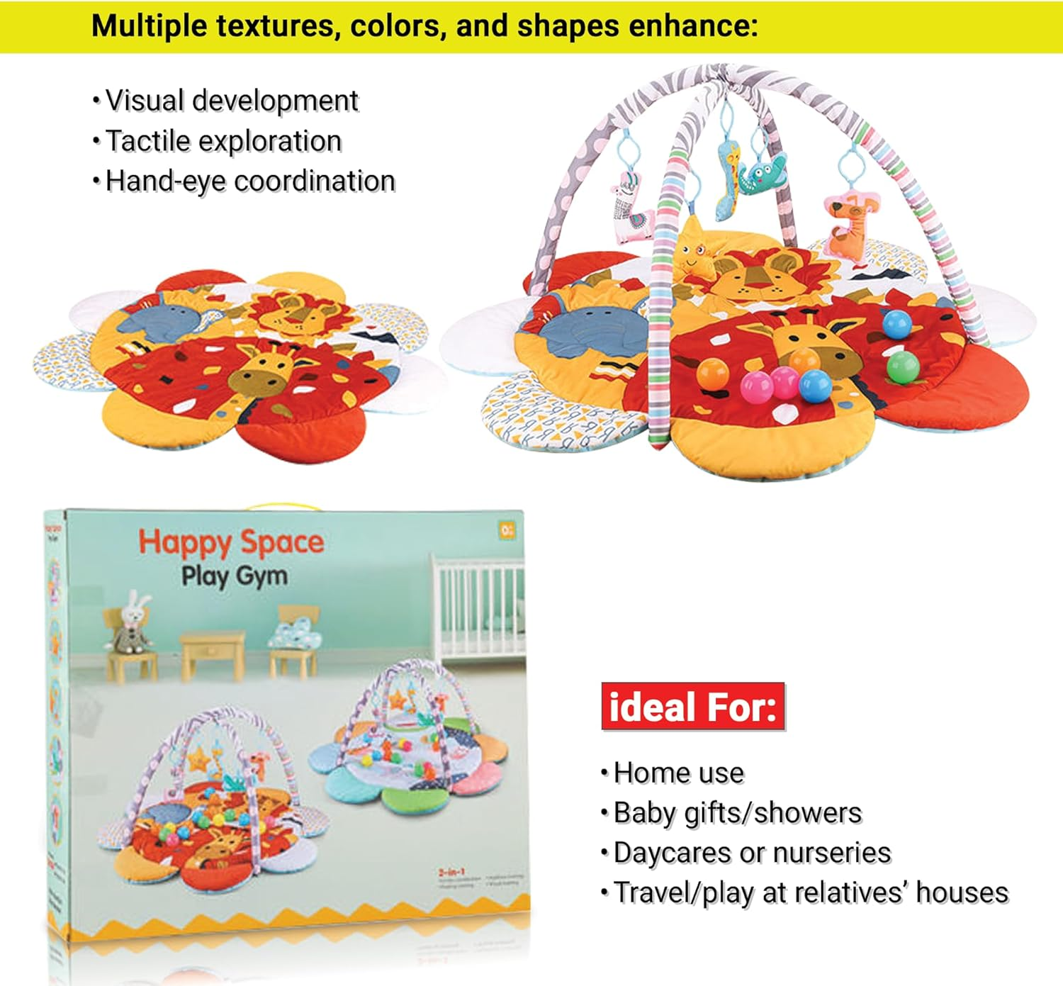 Baby(Giraffe) Play Mat with 20 Ocean Balls Soft Padded Activity Gym for Tummy Time| Colorful Animal Theme &ndash; for Infants and Toddlers