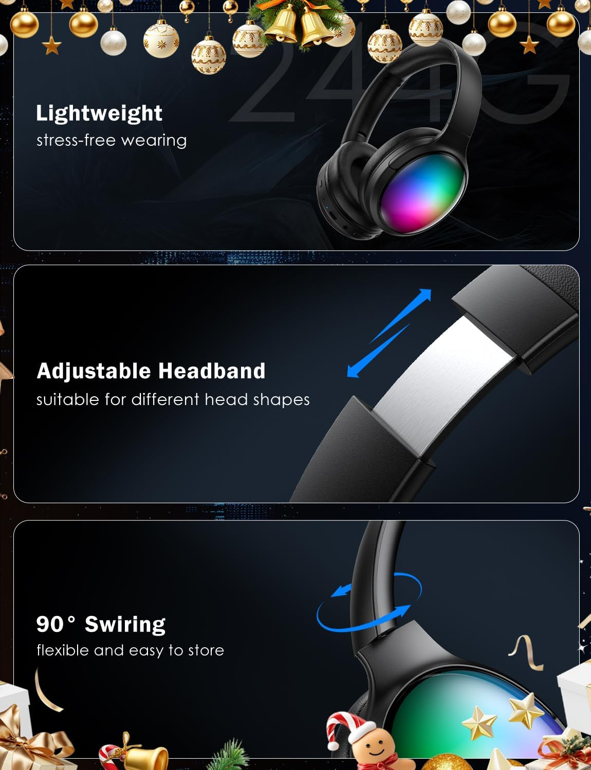 ONITOON Bluetooth Headphone with Cool RGB Light, Foldable Lightweight Wireless over Ear Headphone, 90&deg; Rotatable Earcups, Hifi Stereo with Deep Bass Audio for Travel, Ipad Cellphone Laptop PC image number 3