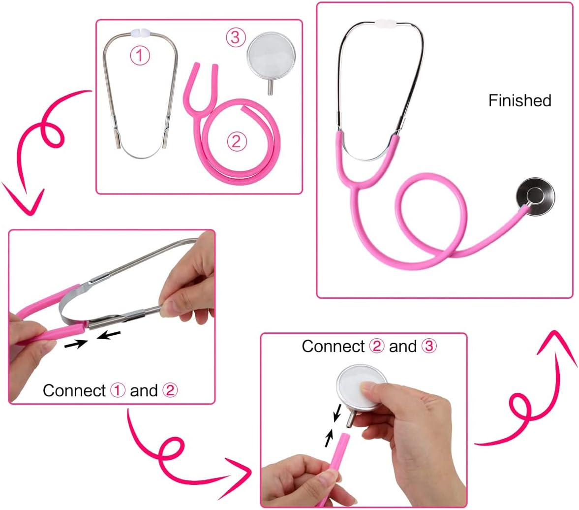 Kids Stethoscope Syringe Glasses Toy, Real Working Nursing Doctor'S Stethoscope,Halloween Doctor Costume Cosplay Pretend Play Accessories (Pink) image number 4