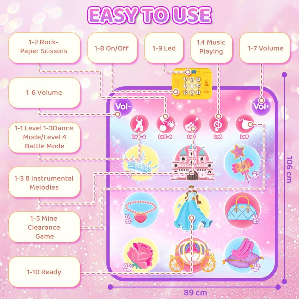 AUTOWT Musical Mat for Kids - Princess Themed Dance Play Mat, Educational Learning Musical Sensory Toys - Girls Birthday Gifts (Pink) image number 3