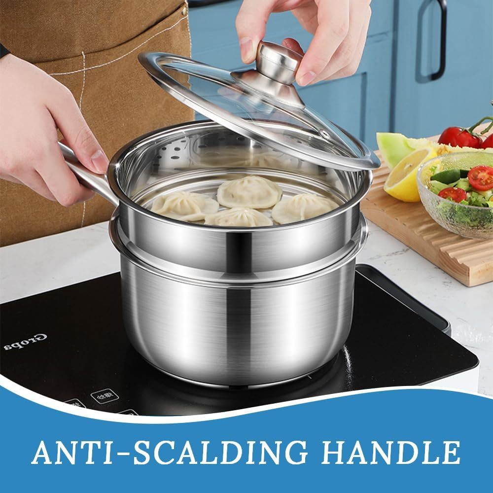 Stainless Steel Frying Pan, Three-Layer Structure, Stew Pot with Lid and Cooking Pot, Suitable for Salad Vegetables, Boiling, Pasta and Noodles, Suitable for Kitchen, Restaurant, Hotel (Silver) image number 3