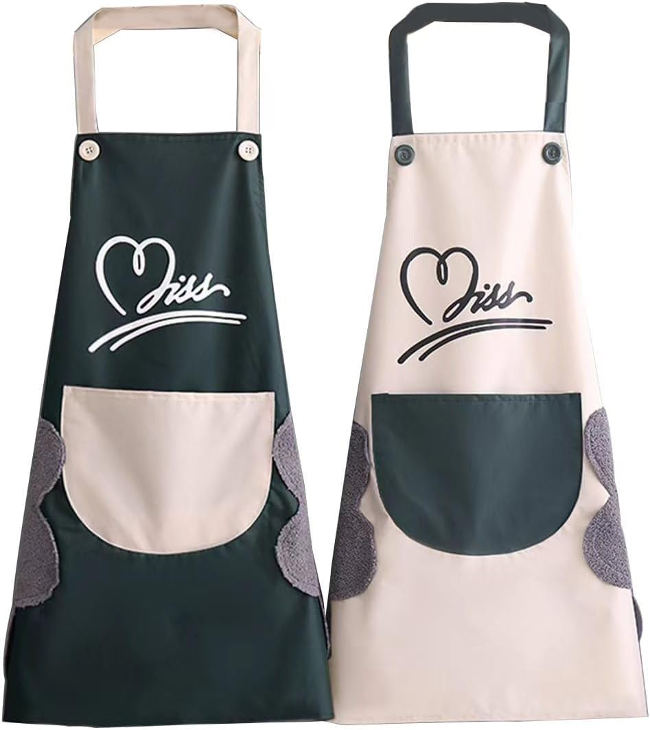 2 Pack Kitchen Cooking Aprons, Waterproof and Oil-Proof Wipe-Able Hand Apron, Chef Apron with Pockets for Women Men Beige image number 3
