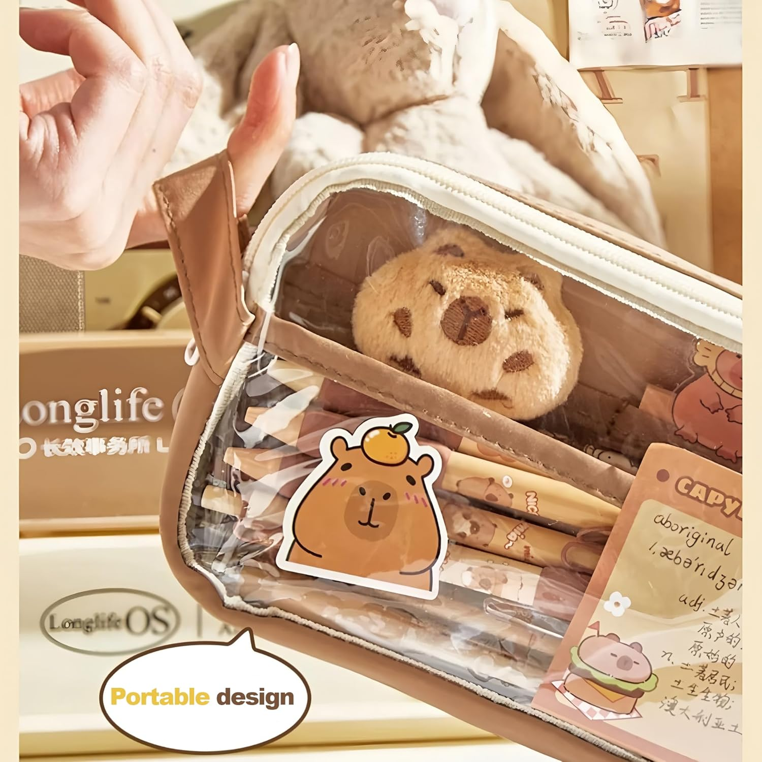 Pencil Case with Zipper,Cartoon Capybara 5 Layers Compartment Clear Pencil Case Pouch,With 4 Pens&4 Pcscartoon Accessories for Students College Office, Clear Makeup Cosmetics Bag for Adults image number 5