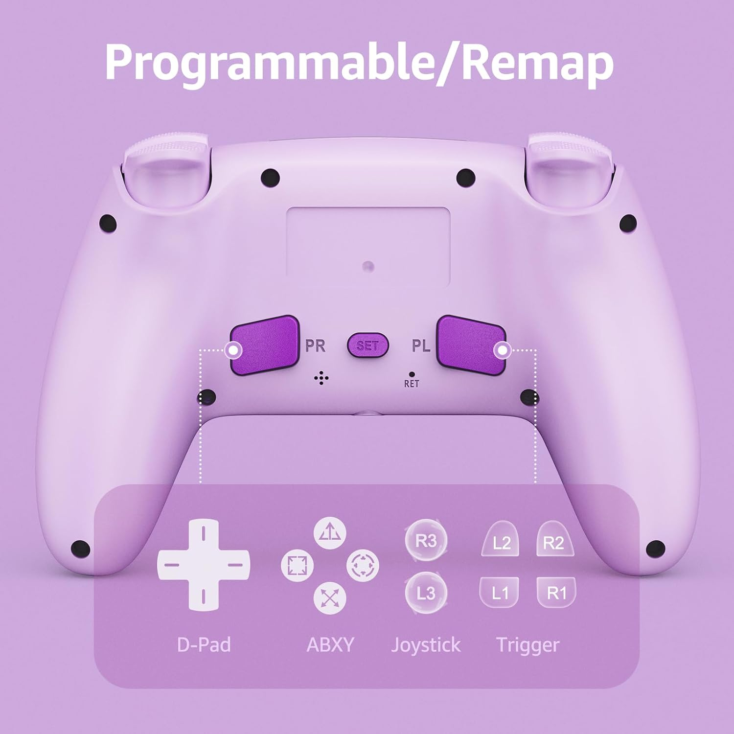 IWGAME Wireless Controller for PS-5/PC, Cool RGB Light Controller with 2 Back Buttons Support Programmable/Reamp/Turbo Functions, Hall Effect Joysticks & Triggers Gamapad(Purple)
