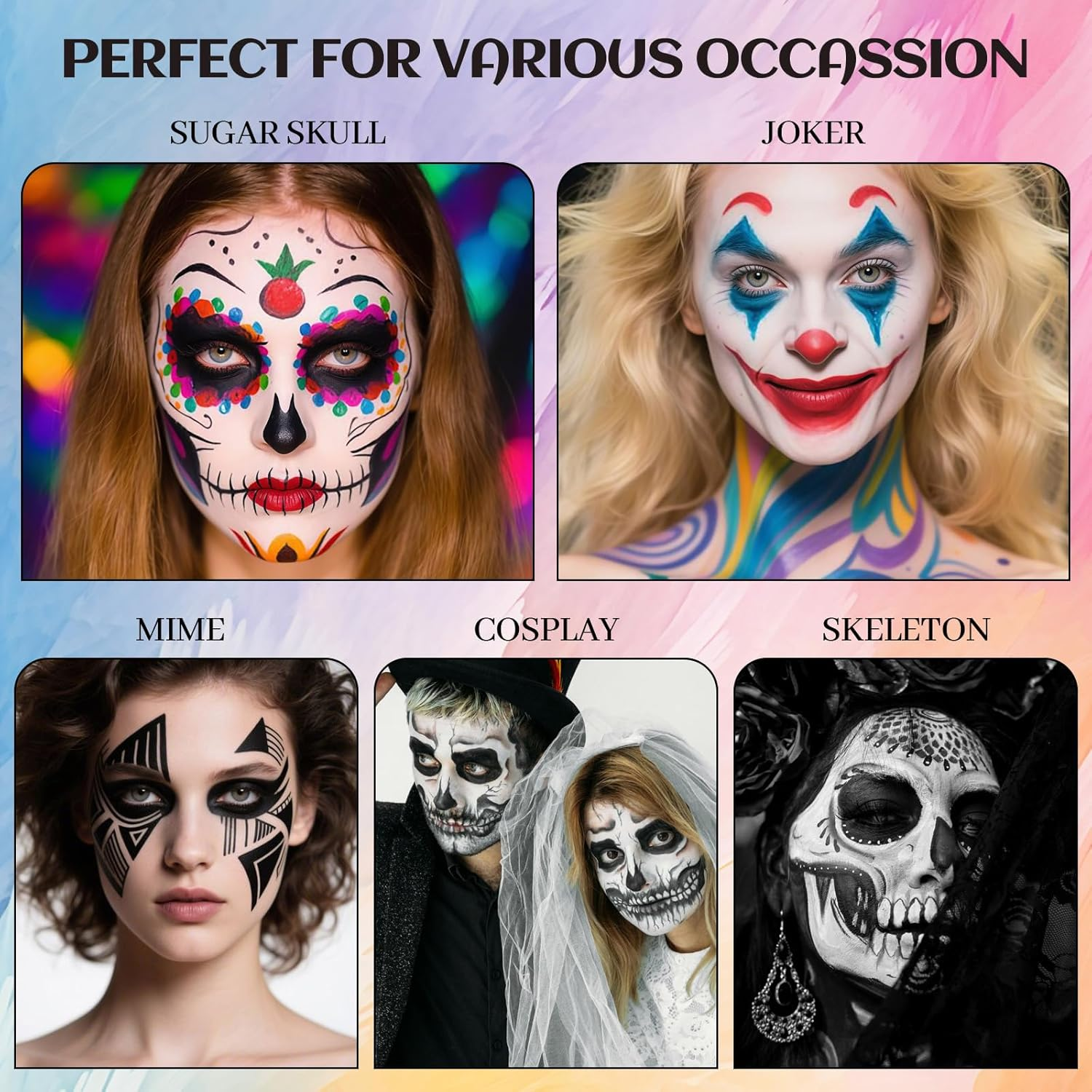 YBUETE White Face Body Painting,Water-Based Face Face Paints Makeup Palette for Adults Party,Professional Non Toxic Painting for Halloween SFX Skeleton Vampire Joker Zombie Goth Cosplay Makeup