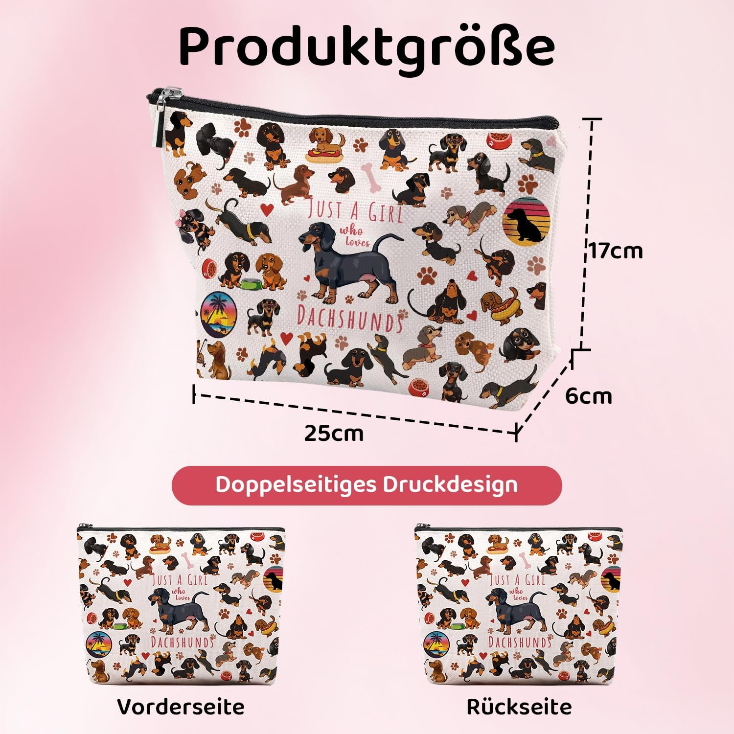Cosmetic Bag for Girls Beautiful Dachshund Makeup Bag with Zip for Girlfriend Dachshund Gifts for Animal Lovers Portable Toiletry Bag Women for Travel Everyday Life (B) image number 3