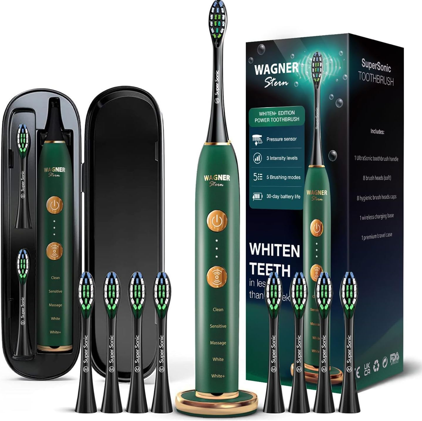 Wagner Stern WHITEN+ Edition. Whitening Electric Toothbrush with Pressure Sensor. Offers 5 Brushing Modes, 3 Intensities, 8 Soft Brush Heads, and a Luxury Travel Case.