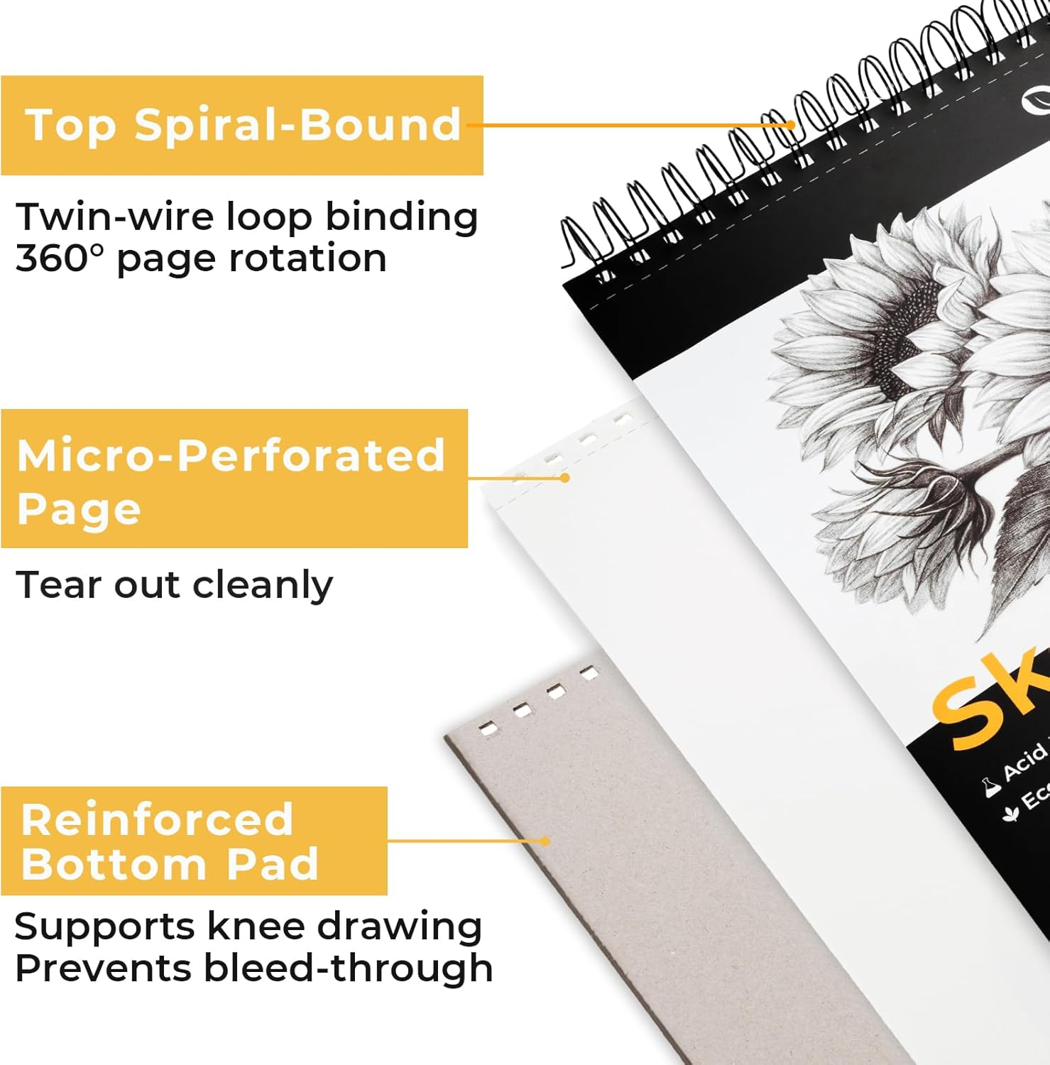 Ohuhu Sketch Book - A4 Bamboo Paper Top Spiral Bound Sketch Pad - 100 Sheets Sketching Book (79Lb/110Gsm) - Acid Free Art Sketchbook Drawing Painting Writing Paper image number 1