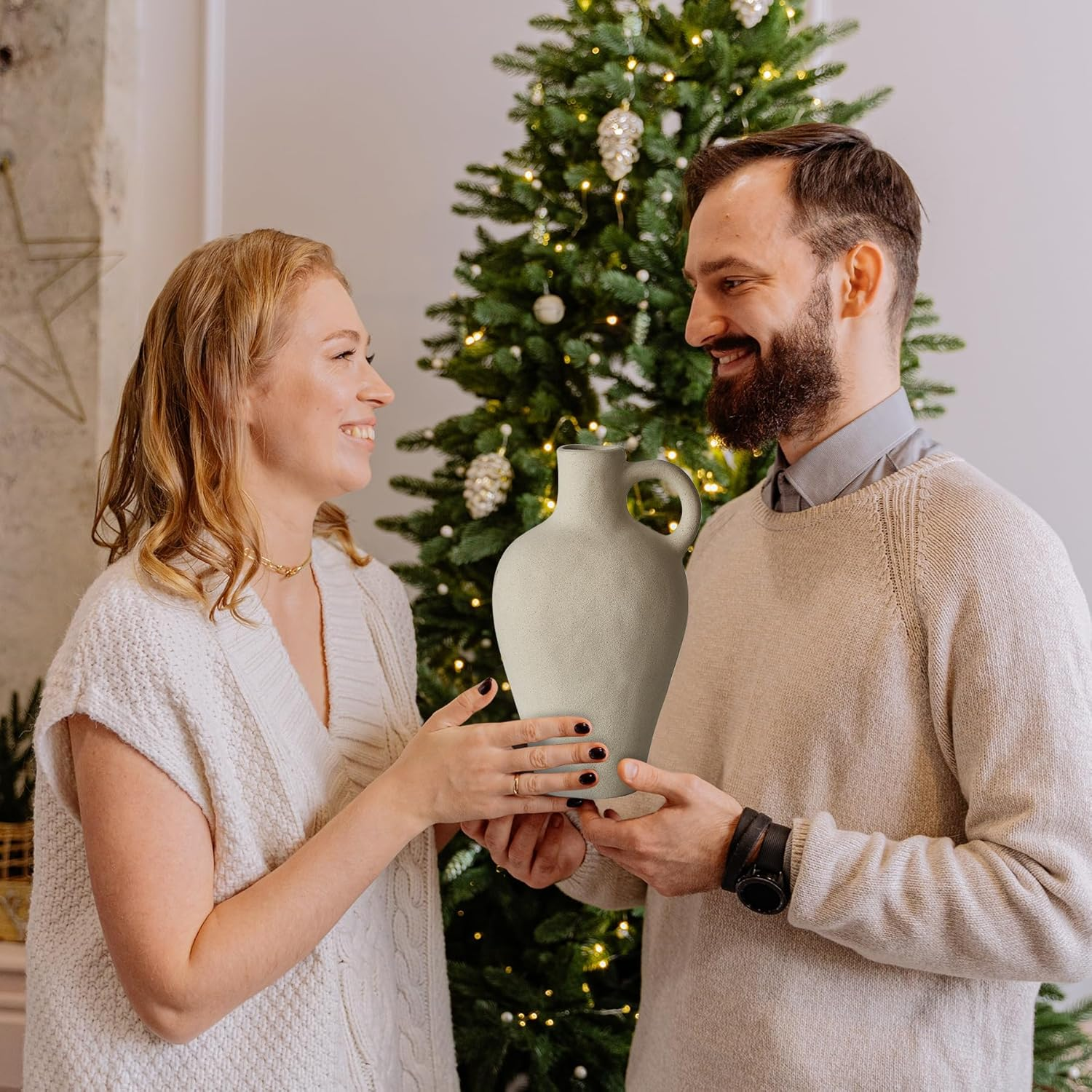 Ceramic Rustic Vase Farmhouse Decor: Beige Pitcher with Handle - Vintage Flower Terracotta Stoneware Jug - Matte Pottery Home Decor for Shelf, Mantel, Centerpiece, Table Decorations - 2 Handles 8.6" image number 3