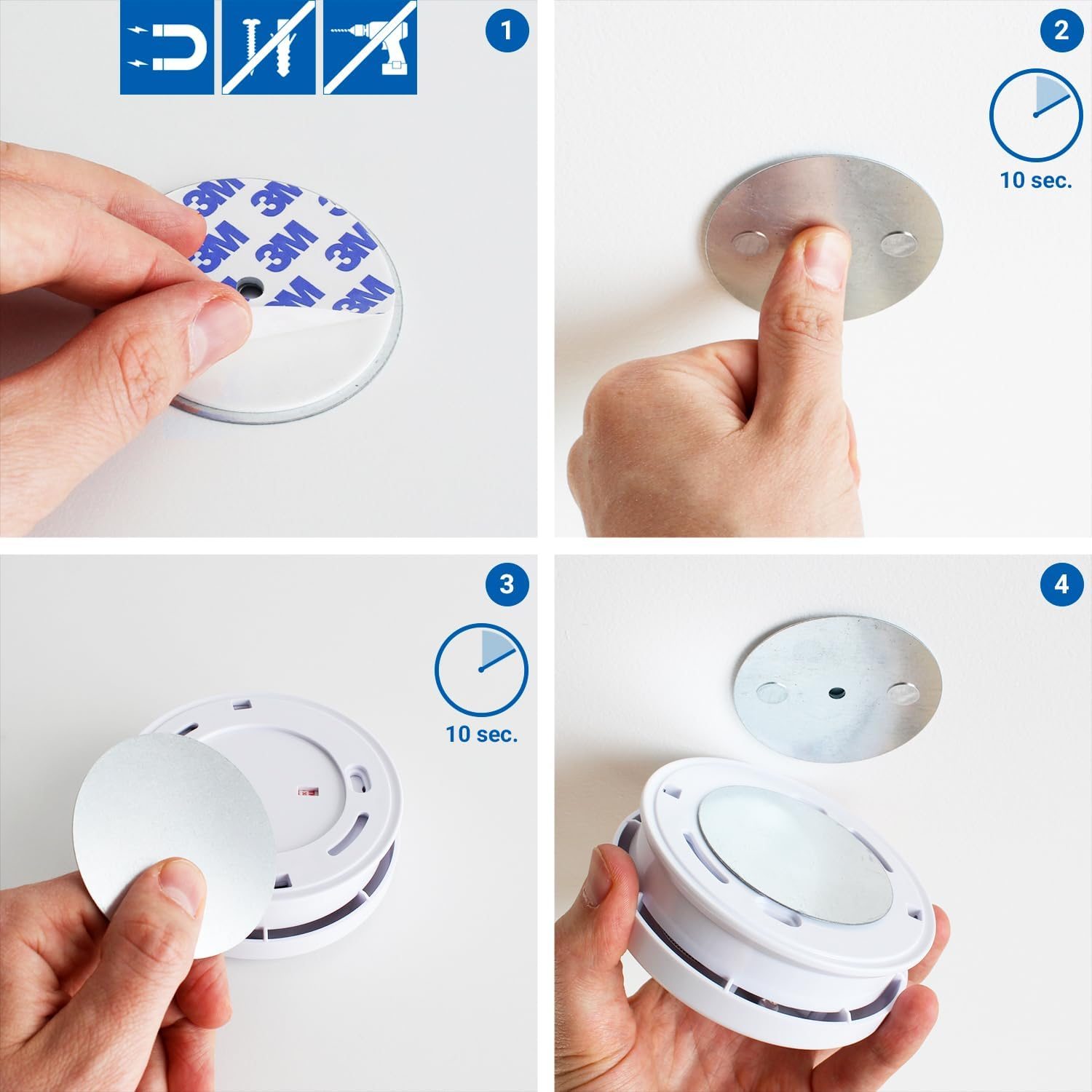 Deleycon Pack of 10 Magnetic Attachment for Smoke Detectors Magnetic Holder Fire Alarm Self-Adhesive Magnetic Holder Adhesive Surface and Drill Hole 65 Mm Diameter image number 1