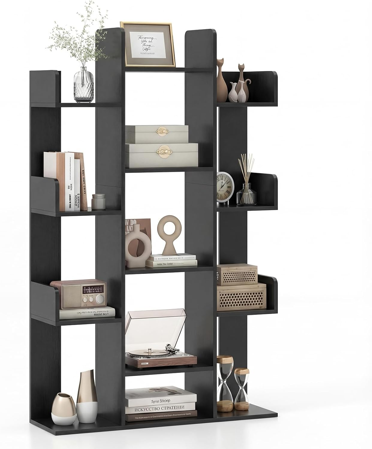 Giantex Tree Bookshelf, 141 Cm Tall Bookcase with 13 Open Shelves, Corner Books Storage Organizer, Freestanding Decorative Display Cube Shelf for Living Room, Study or Office - Black