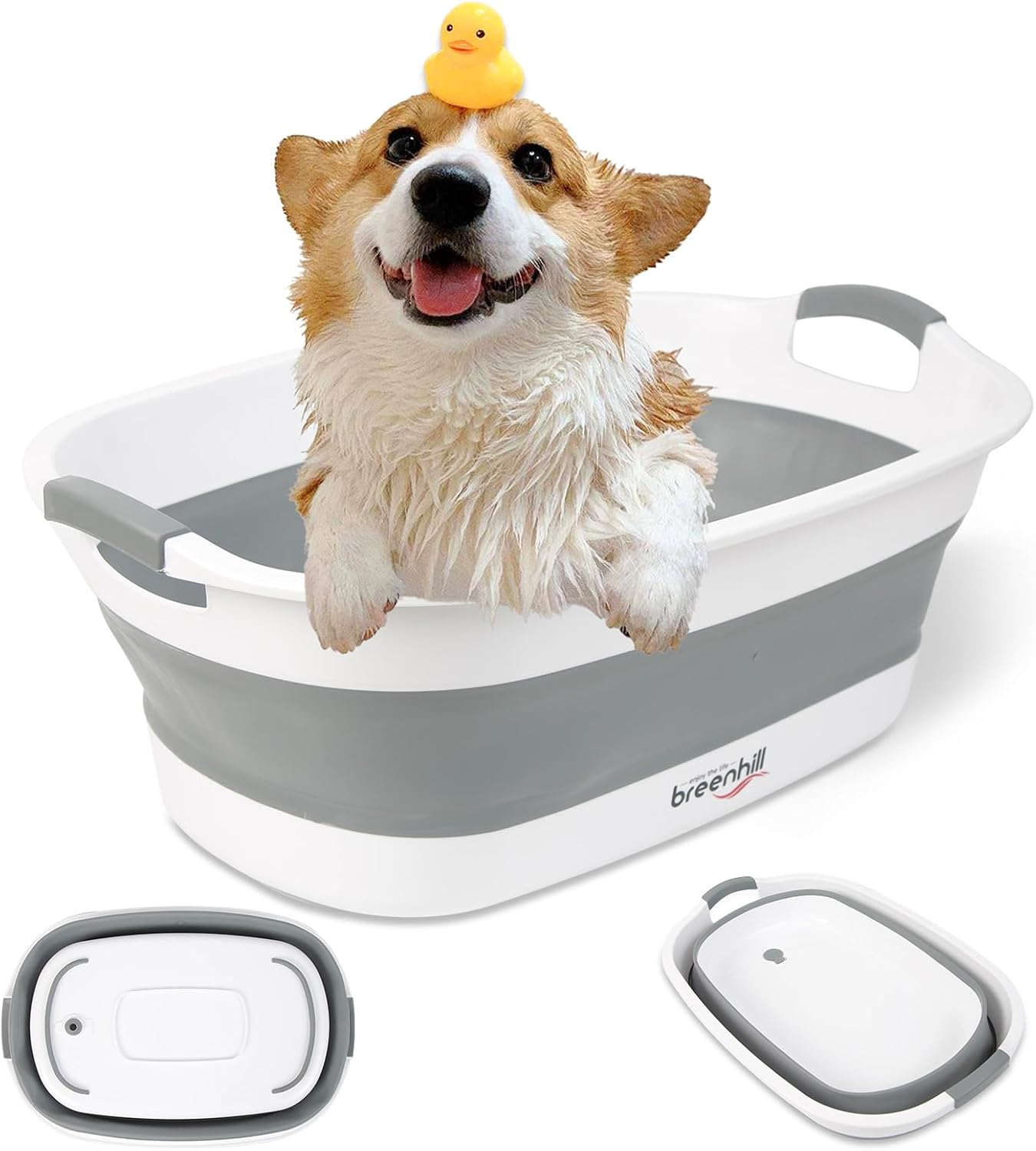 BREENHILL Collapsible Dog Bath Tub for Small Dogs & Cats, Portable Puppy Bath Tub with Water Drain Plug, Space Saving Foldable Pet Bathtub for Indoor & Outdoor Use, Grey