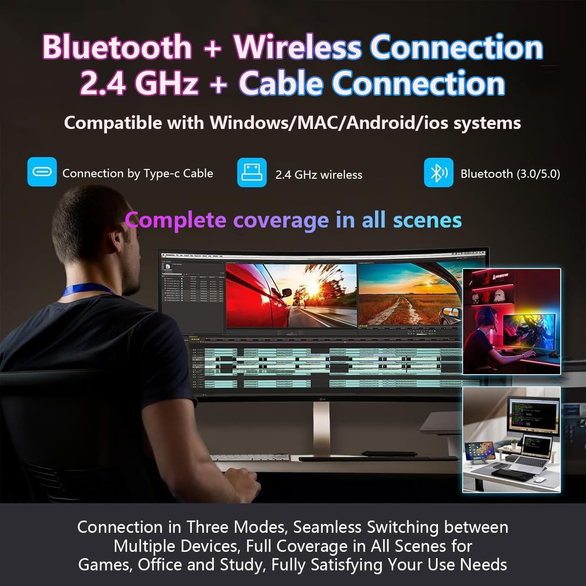 Wireless Gaming Keyboard, 60% Mechanical Compact Gaming Keyboard, 2.4Ghz/Bluetooth/Wired, with RGB Hot Swappable Switches, for Windows Laptops and PC Gamers image number 2