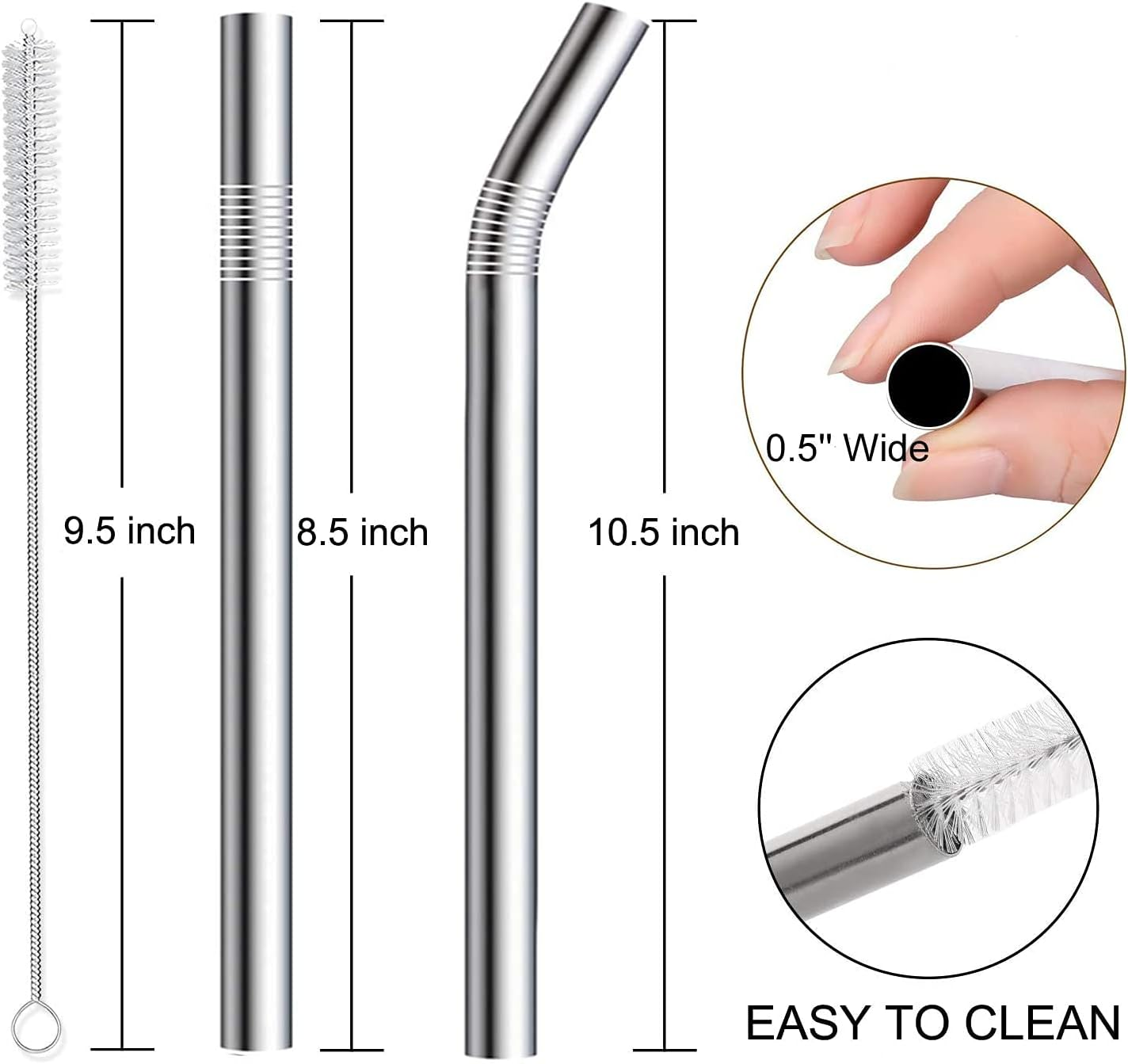 Vinaco Stainless Steel Smoothie Straws, 0.5'' Extra Wide Reusable Metal Drinking Straws for Milkshakes, Bubble Tea, Smoothie, Set of 6 Jumbo Drinks with 1 Cleaning Brush image number 3