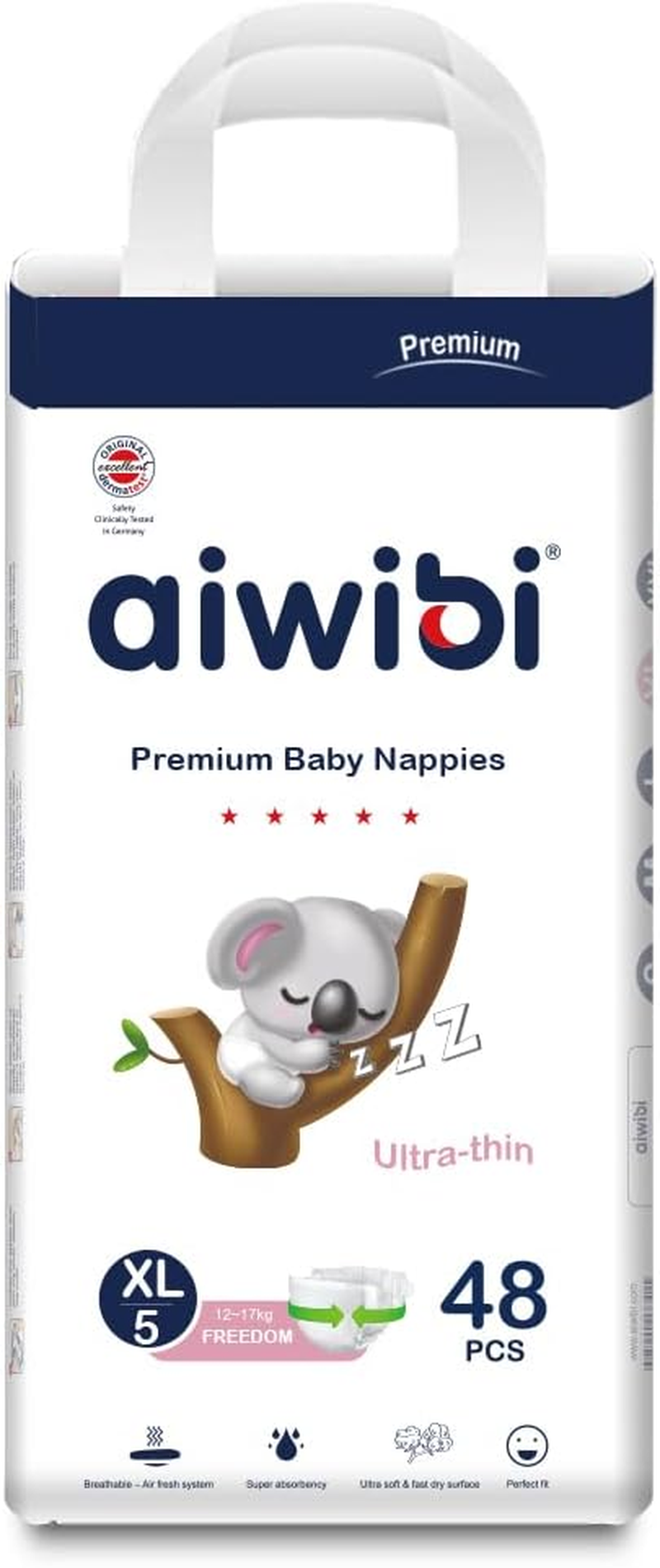 AIWIBI Nappies Size 5 (12-17Kg), 48 Count, Series Light Feather Premium Nappy, Ultra-Soft and Absorption, Hypoallergenic and Leak-Proof image number 1