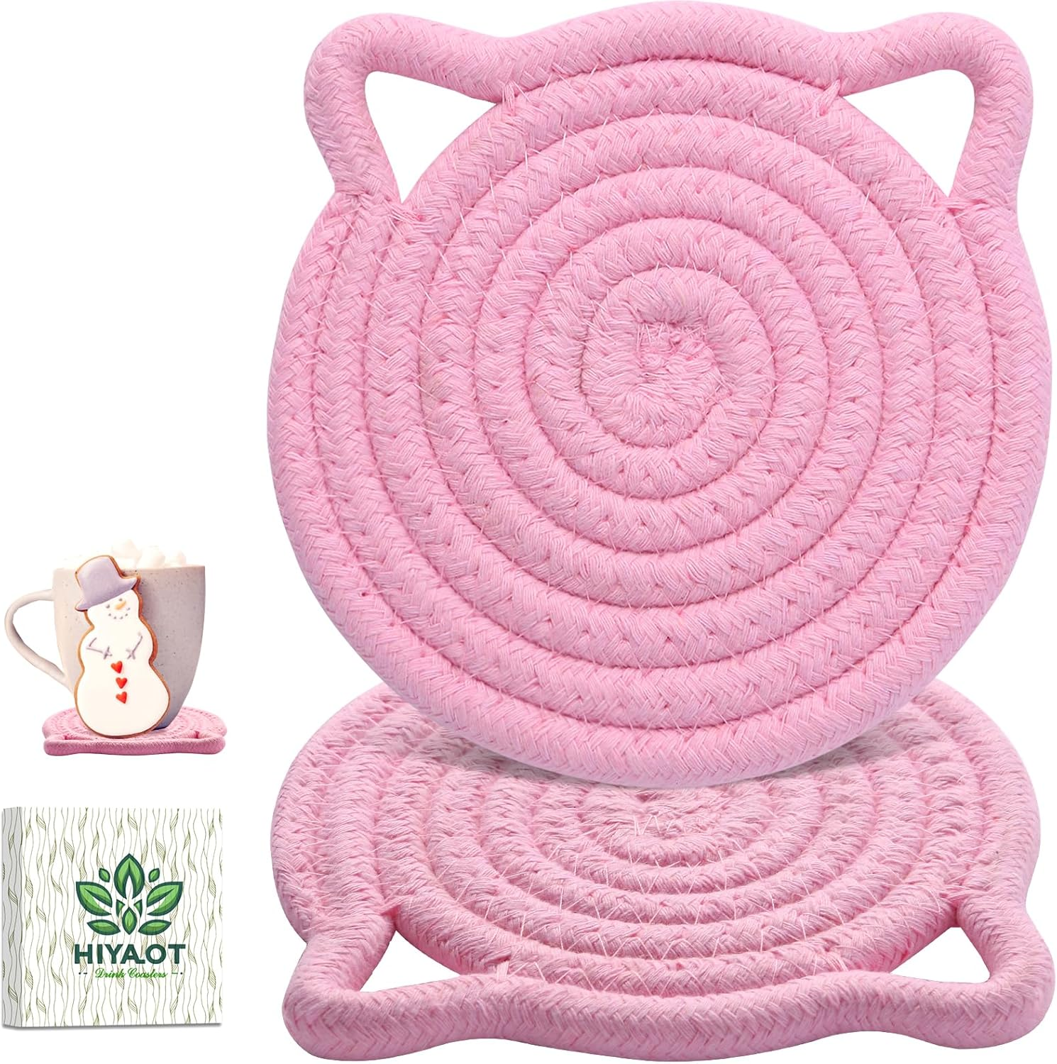 Cute Coasters for Drinks Set of 2 Color, Absorbent Handmade Fabric Drink Coasters for Coffee & Tea -Home D&eacute;cor Extra Large 4.8 In* 8Mm, Protect the Wooden Table Surface (2 Pack-Cat-Blush Pink)