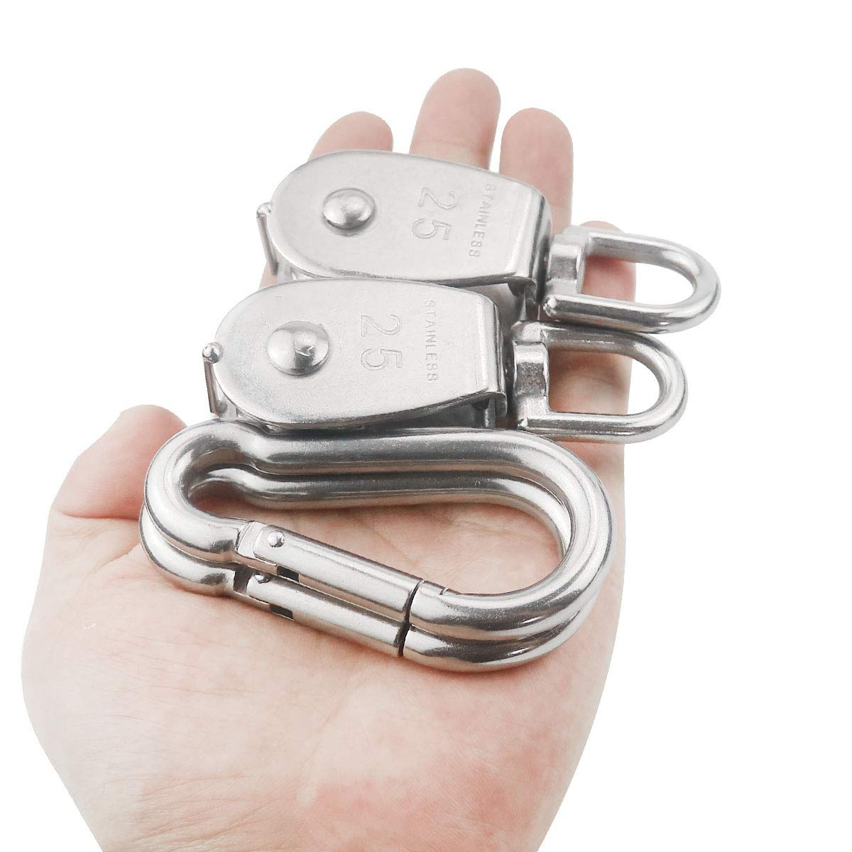 Tootaci 2Pcs M25 Crane Pulley Block,Heavy Duty Pully System for Lifting,304 Stainless Steel Swivel Hook Single Pulley Block with 20M(6Mm) Nylon Pulley Rope & 2Pcs Carabiner Snap Hook image number 3