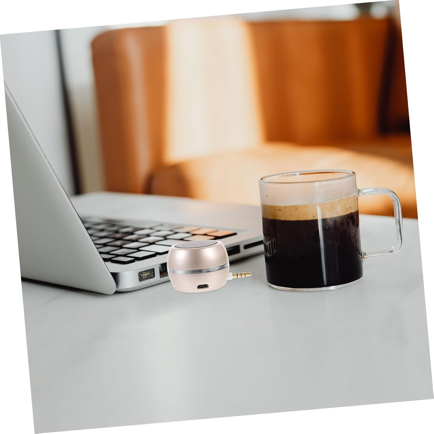 Mini Speaker 3.5Mm Aux and USB Rechargeable Desktop Loudspeaker for Mobile and Laptop, Portable Wired Aux in Speaker, Compact Gold Finish Sound System for Travel and Home Use image number 1