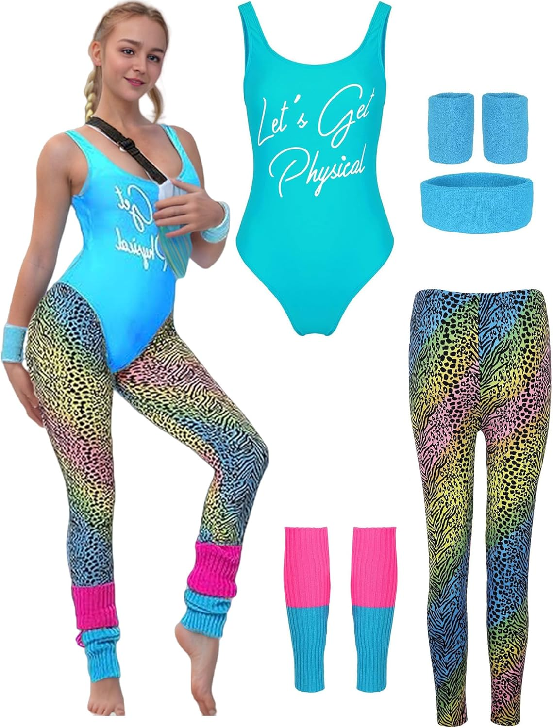 80S Costume Women 70S 90S Tracksuit Theme Neon Party Accessories Workout Outfit Clothes Women,Leg Warmer,Wristbands,Headband Halloween Cosplay image number 2